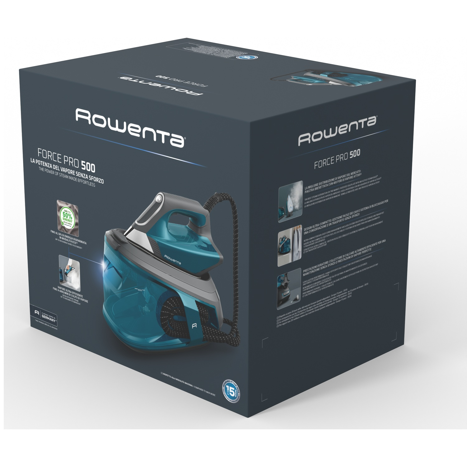 Emballage de fer à vapeur Rowenta Force Pro 500 montrant le fer et les détails.