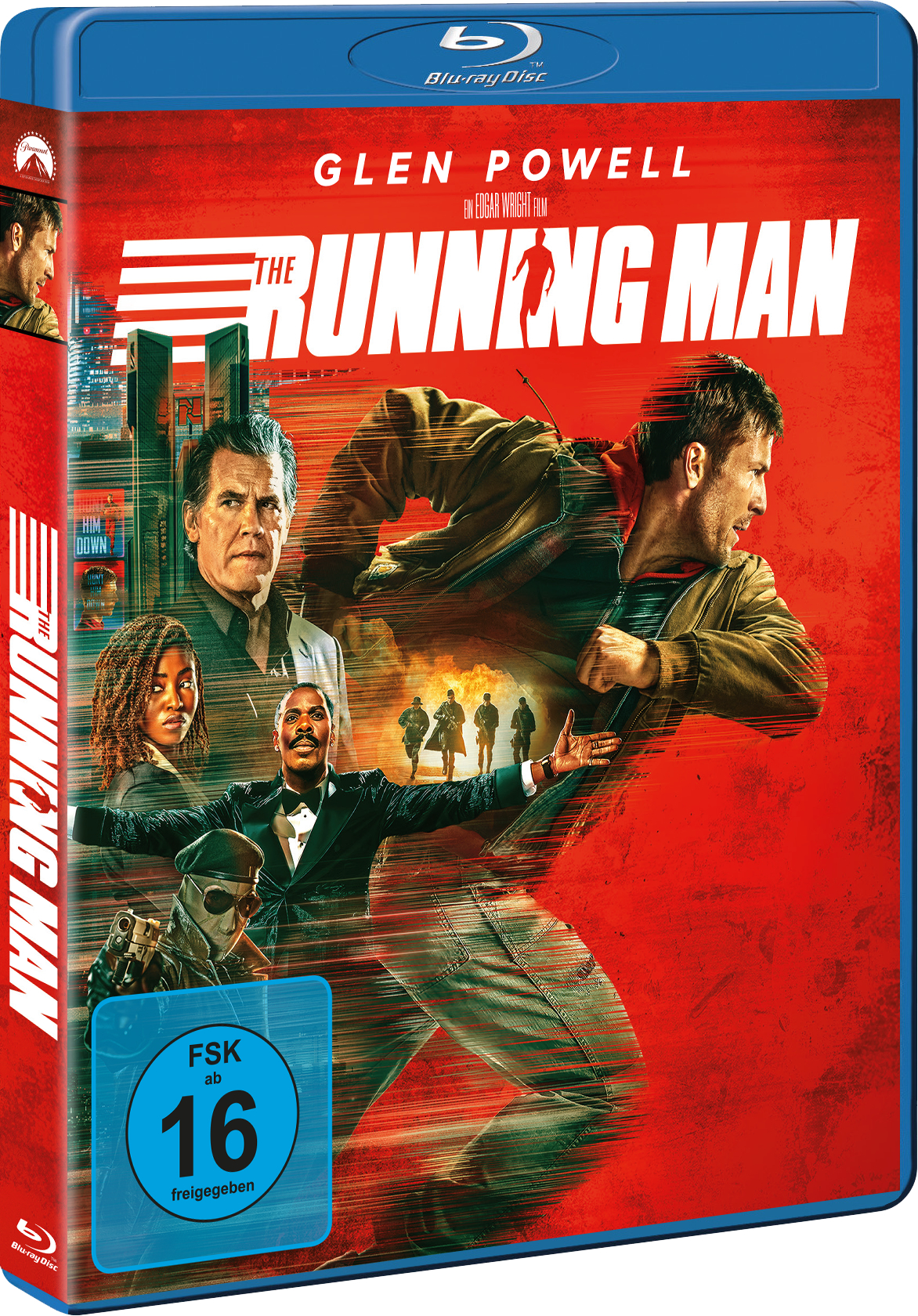 Das Cover zeigt Glen Powell als "The Running Man" mit anderen Charakteren.