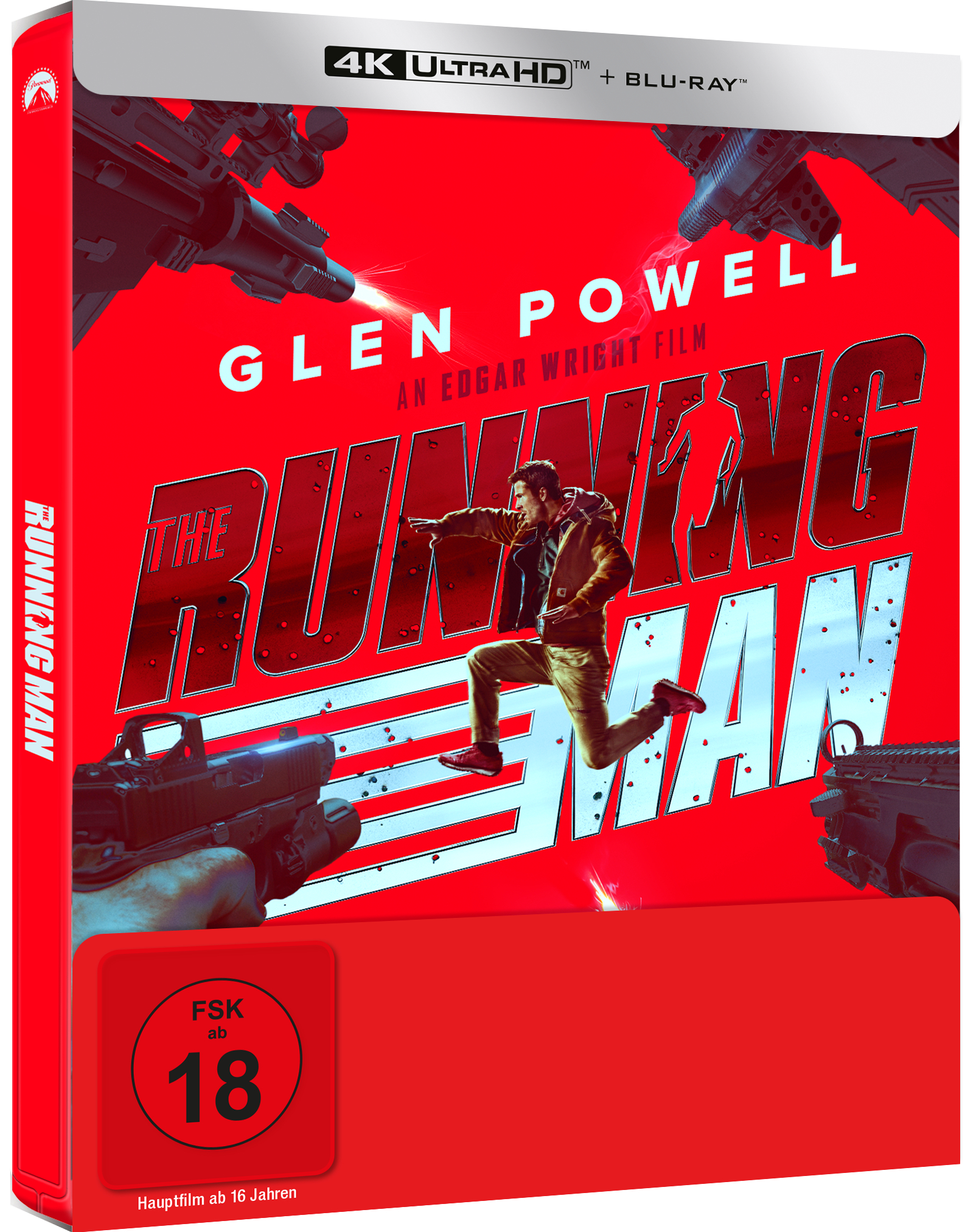 Ein Mann springt vor dem Titel "The Running Man" und Waffen.
