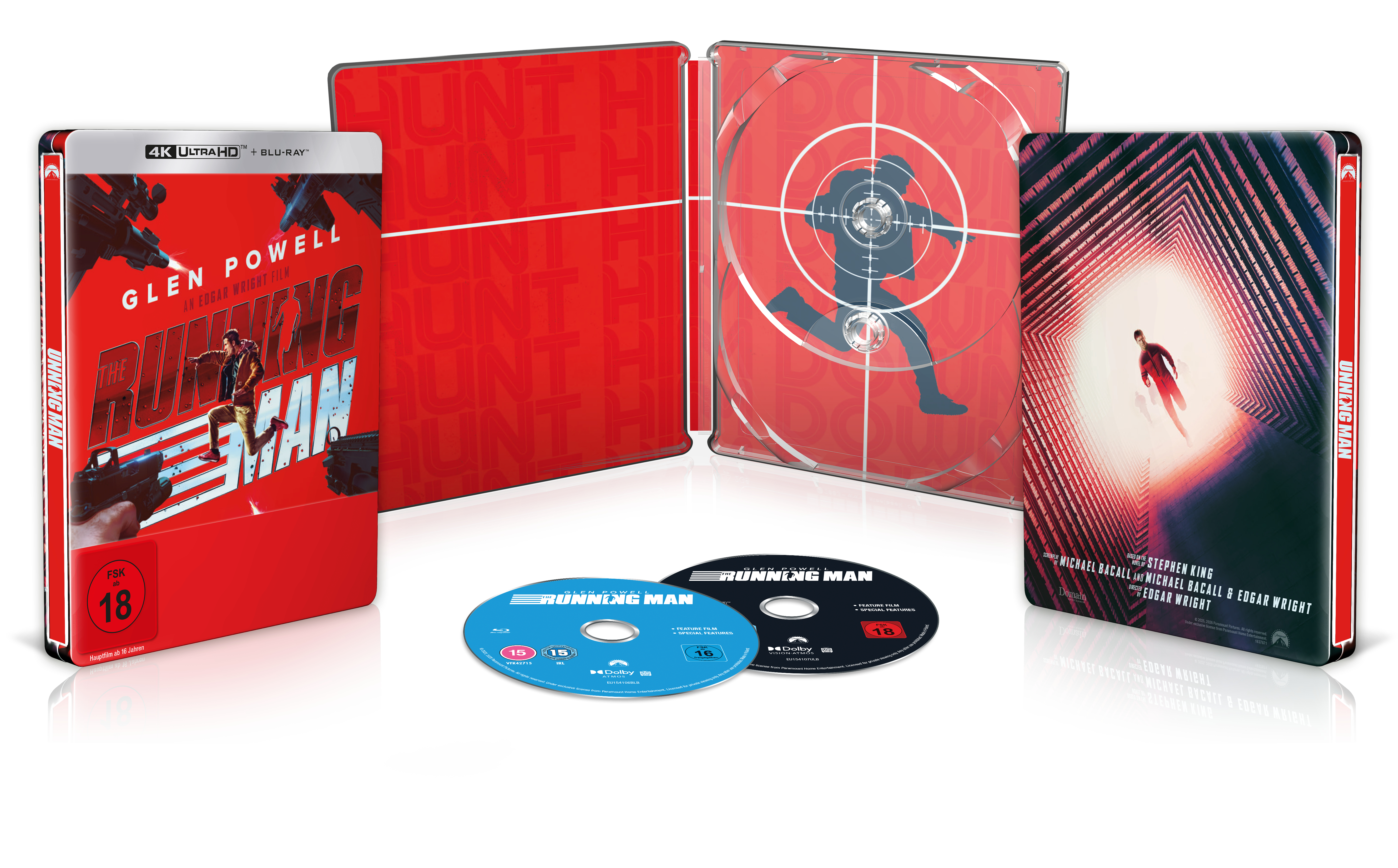 Das "Running Man" 4K UHD Steelbook mit zwei Discs und detaillierten Filmcovern.
