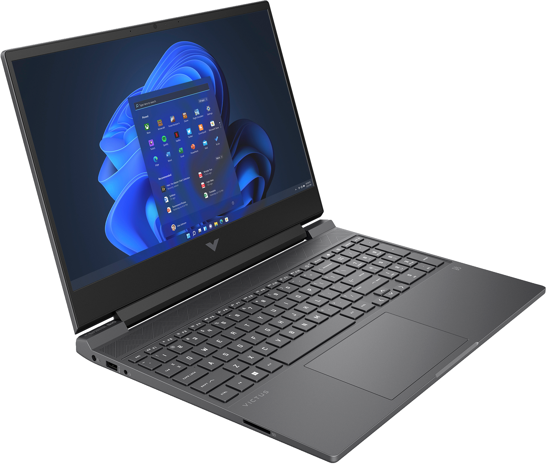 Zamknięty szary laptop z podświetlonym ekranem wyświetlającym menu Start Windows.