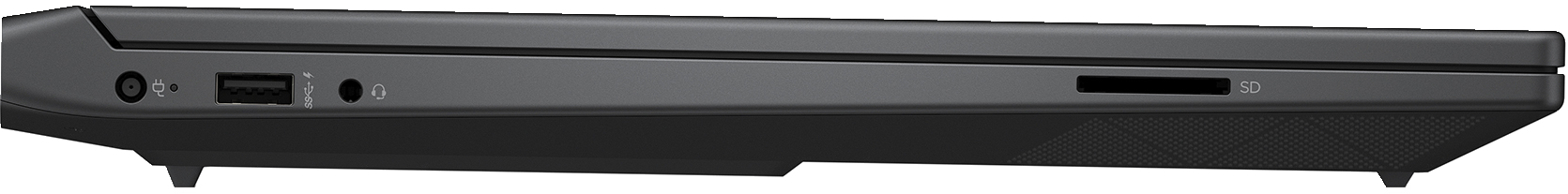 Bok czarnego laptopa z portami: zasilanie, USB, słuchawki, gniazdo karty SD.