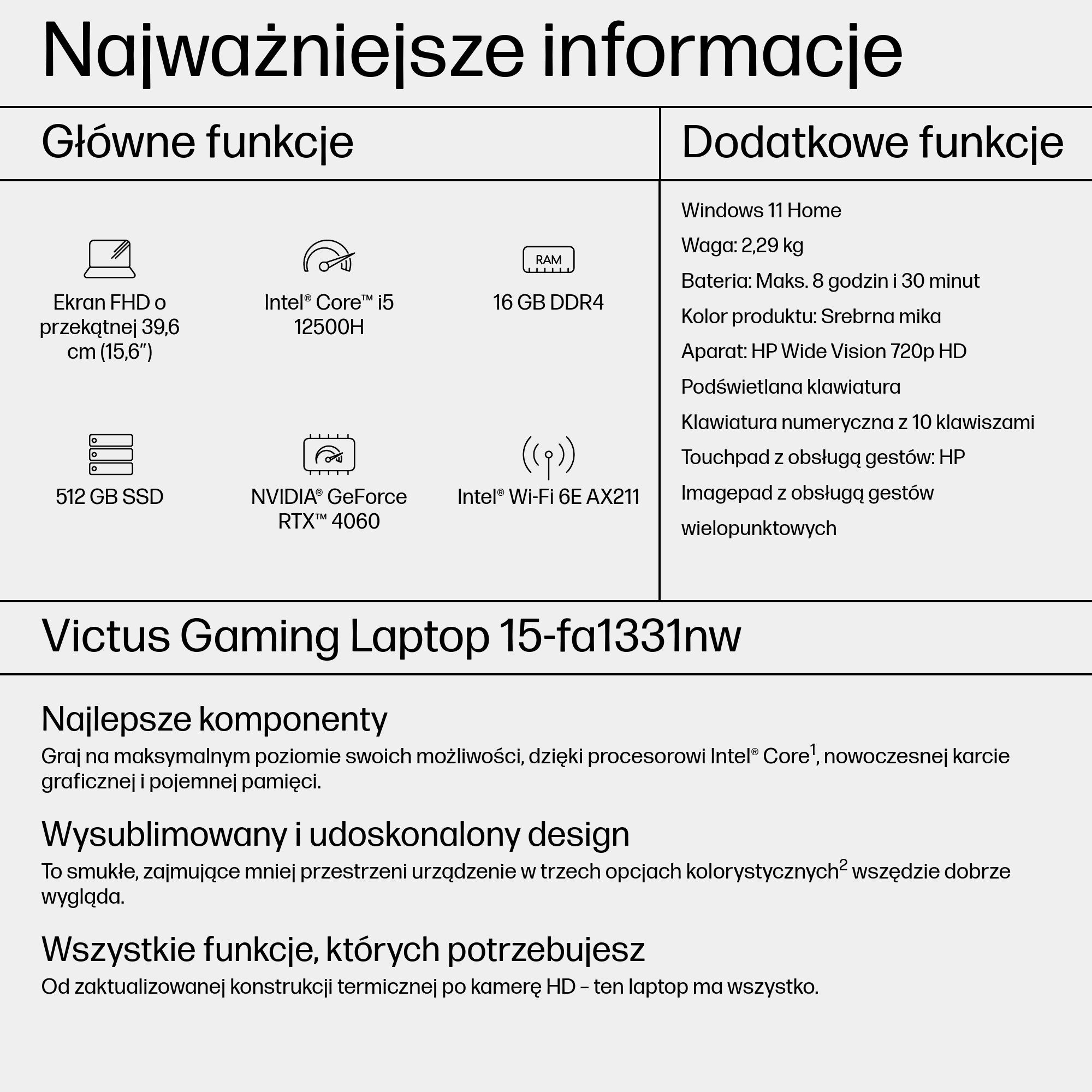 Specyfikacje laptopa: ekran FHD 15,6 cala, Intel Core i5, 16 GB RAM, SSD 512 GB.