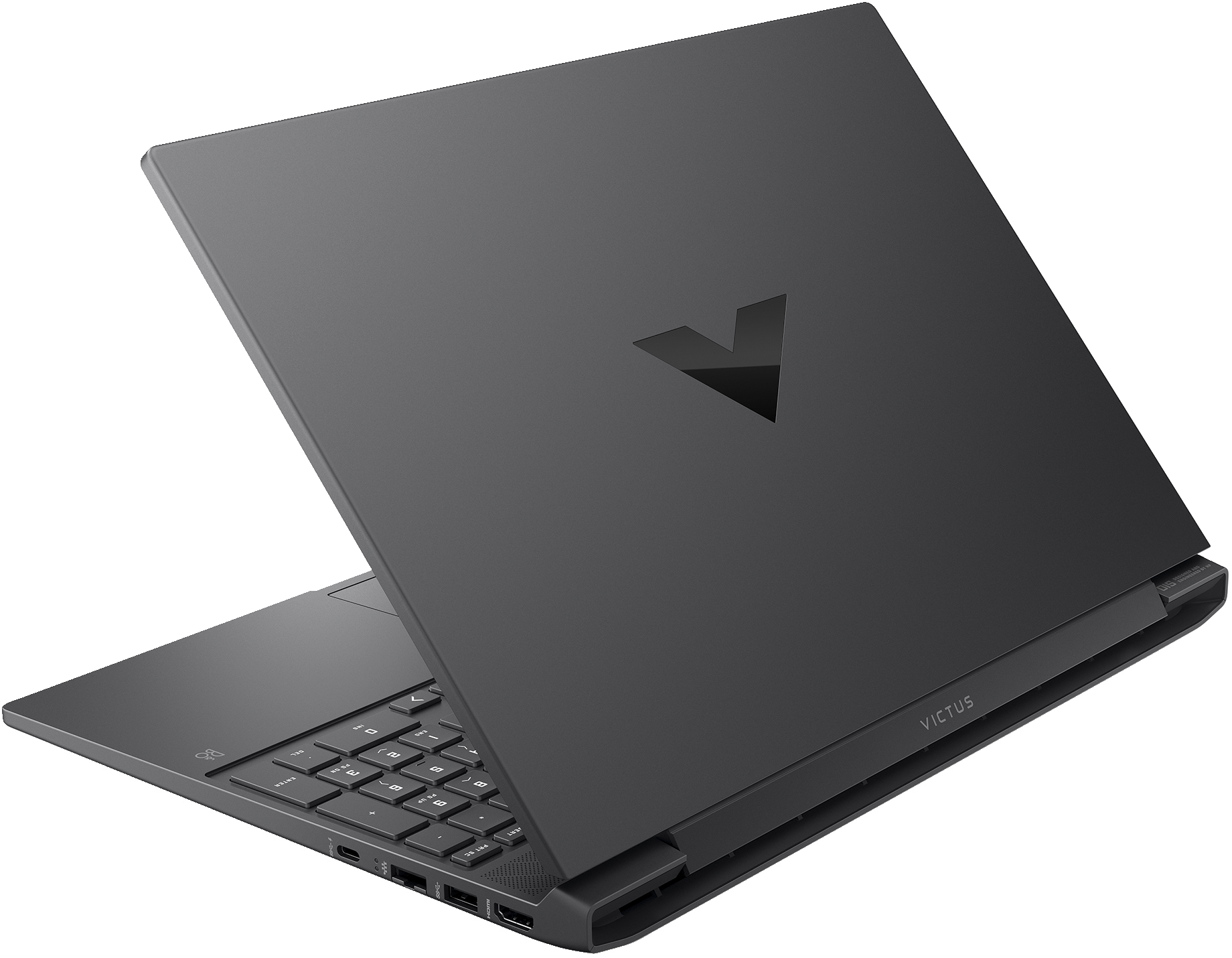 Szary laptop Victus, częściowo otwarty, pokazujący klawiaturę i porty.