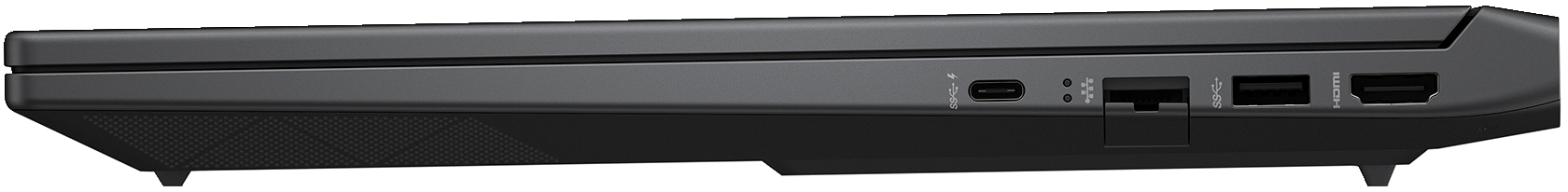Bok czarnego laptopa z portami: USB-C, Ethernet, USB-A, HDMI.