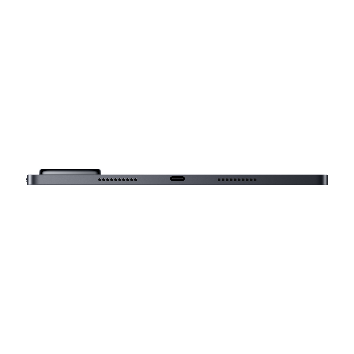 Tablet grigio scuro con porta USB-C e griglie altoparlanti.