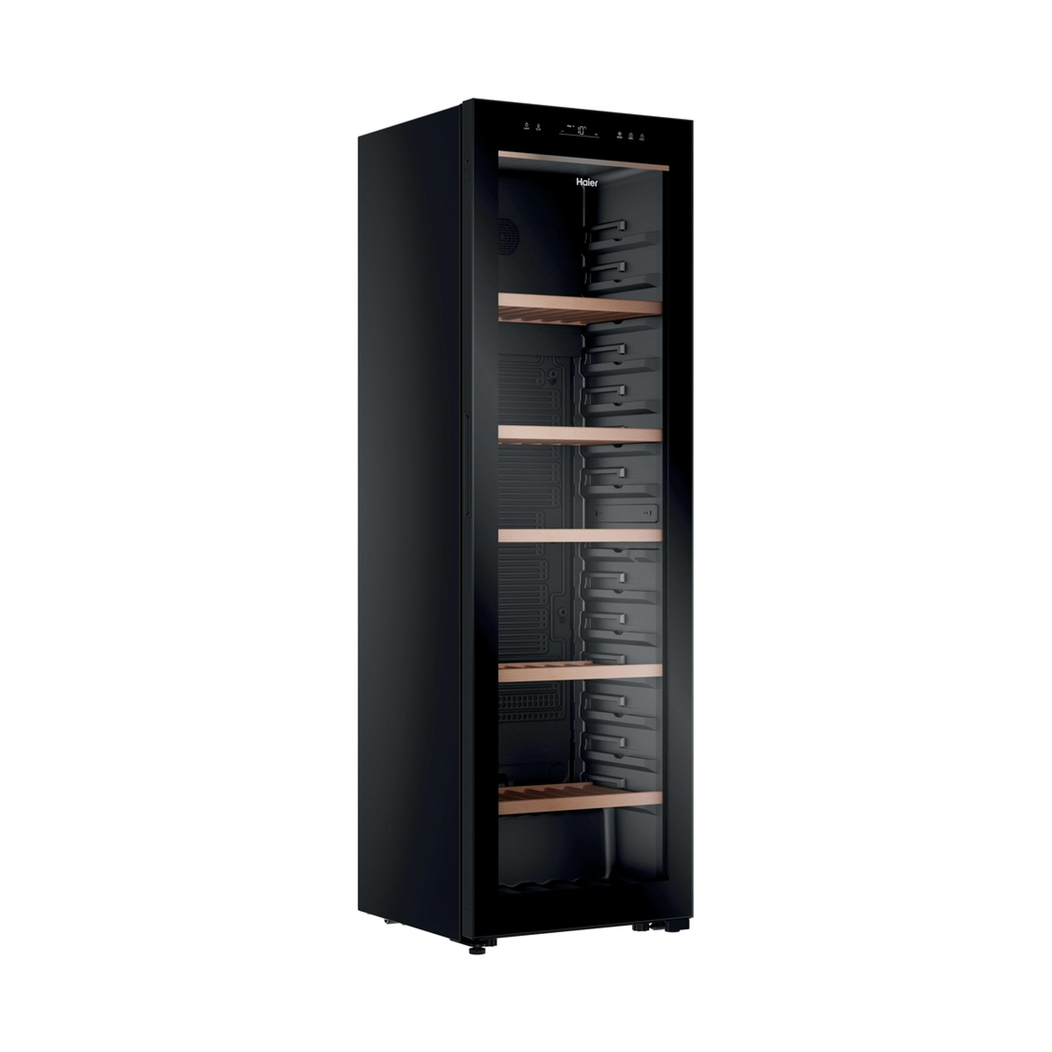 Cantinetta Haier nera con porta in vetro e ripiani in legno.