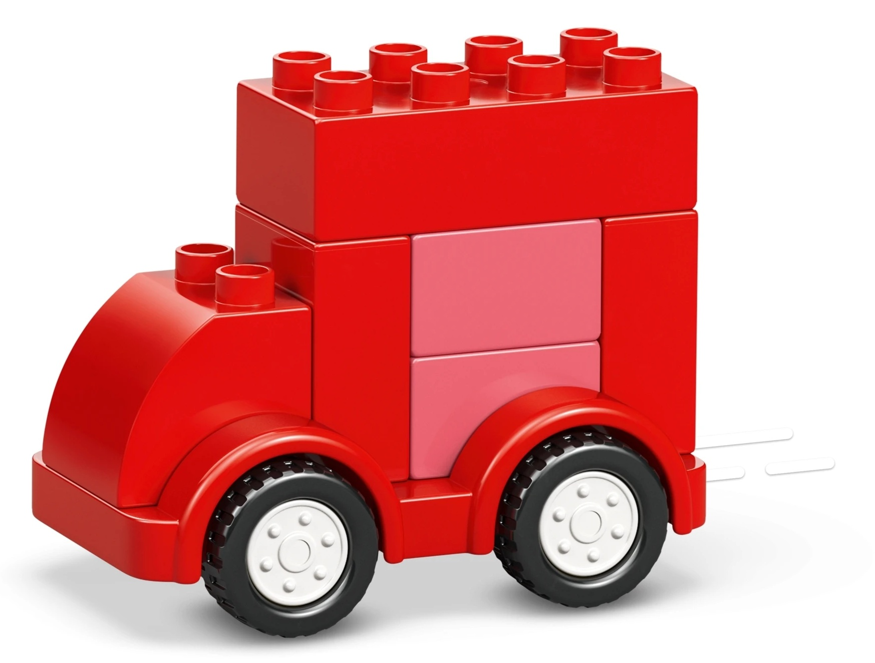 Czerwona ciężarówka zabawkowa z różowymi akcentami i czarnymi kołami.