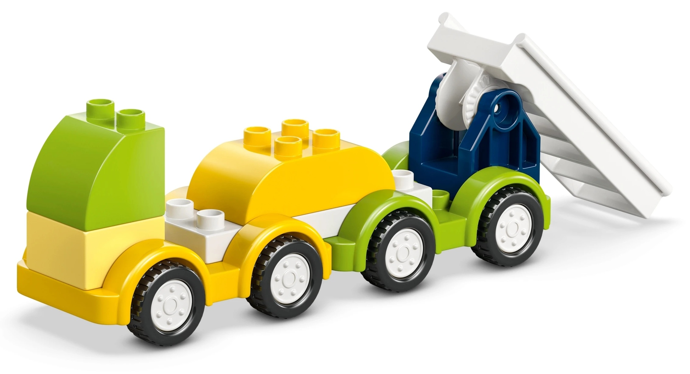 Kolorowa ciężarówka-zabawka z uchylną naczepą.