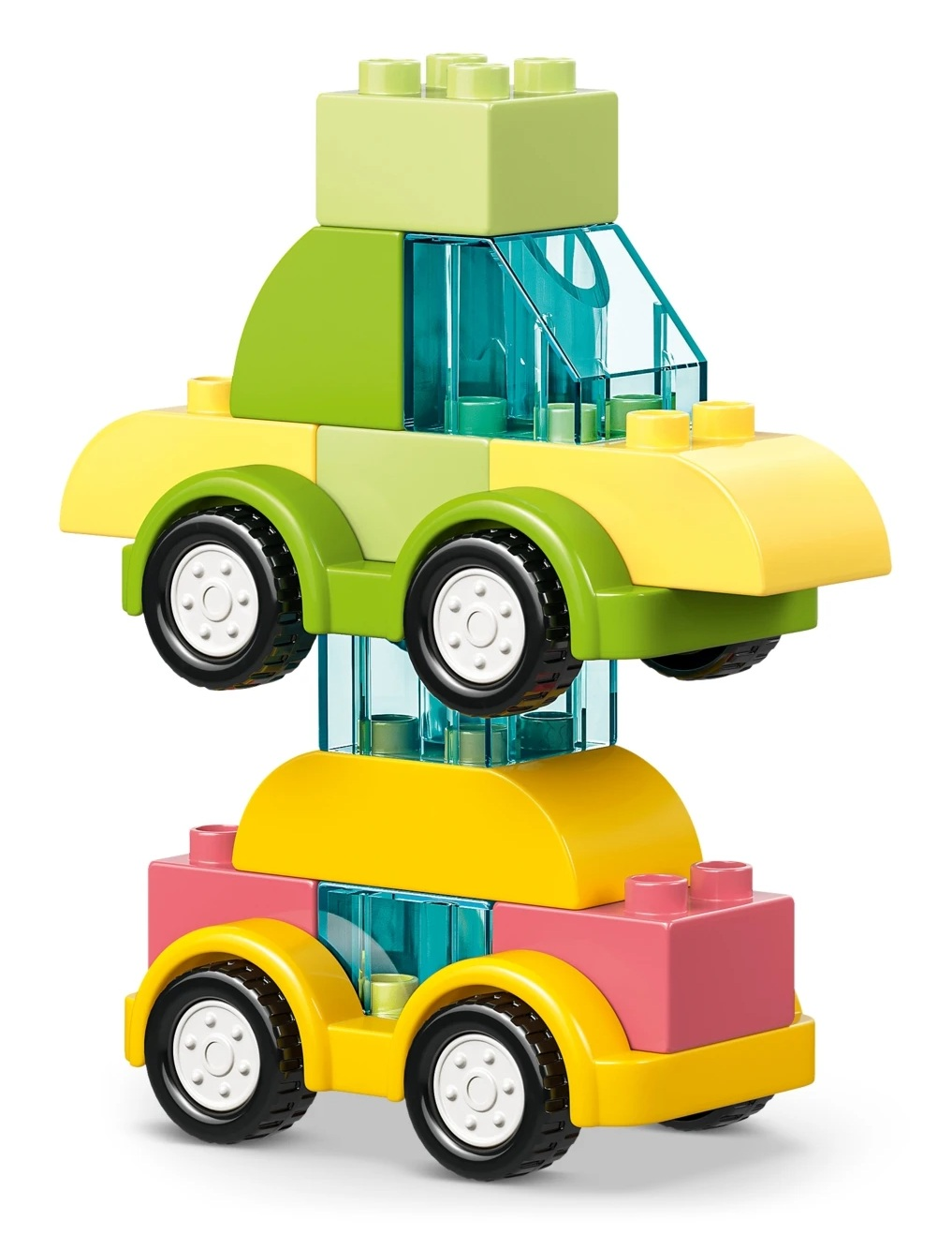 Dwa kolorowe samochodziki do zabawy, ułożone jeden na drugim.