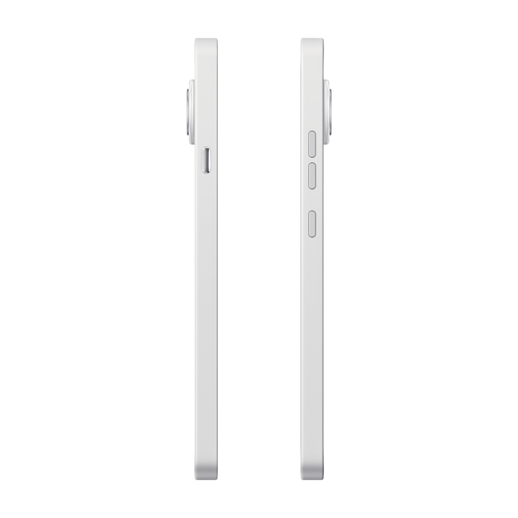 Zwei weiße Smartphones nebeneinander, Seitenansicht mit Kameras und Knöpfen.