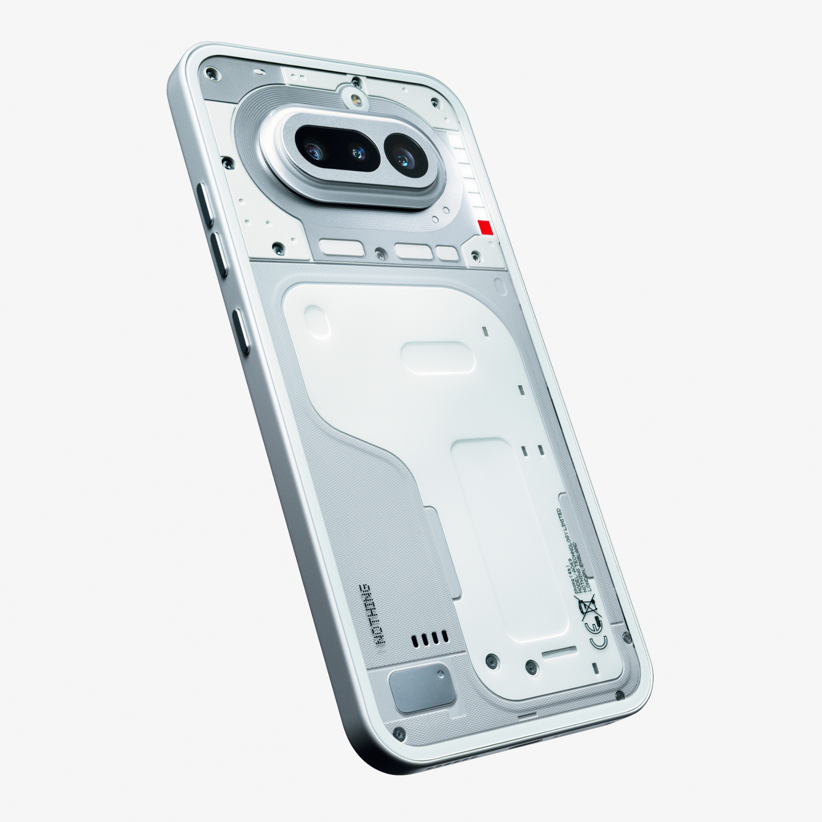 Rückseite eines weißen Smartphones mit transparentem Design und zwei Kameras.