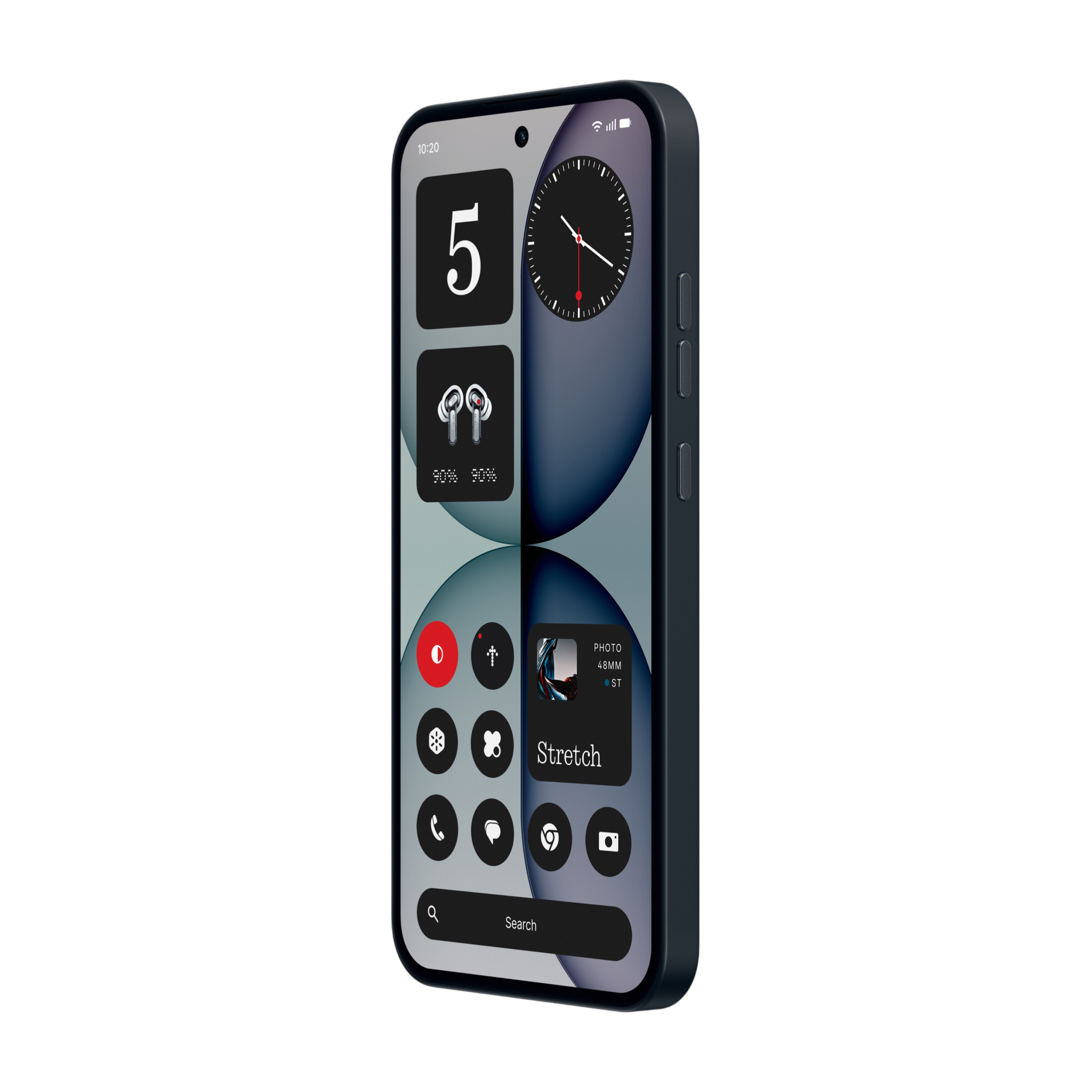 Ein Smartphone mit einem dunklen Gehäuse und einem Startbildschirm mit Widgets und Apps.