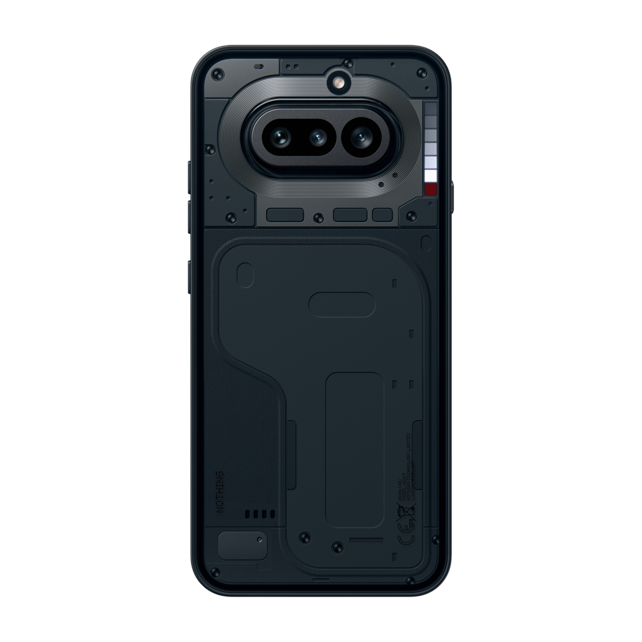 Rückseite eines schwarzen Smartphones mit sichtbaren Kameras und Schrauben.