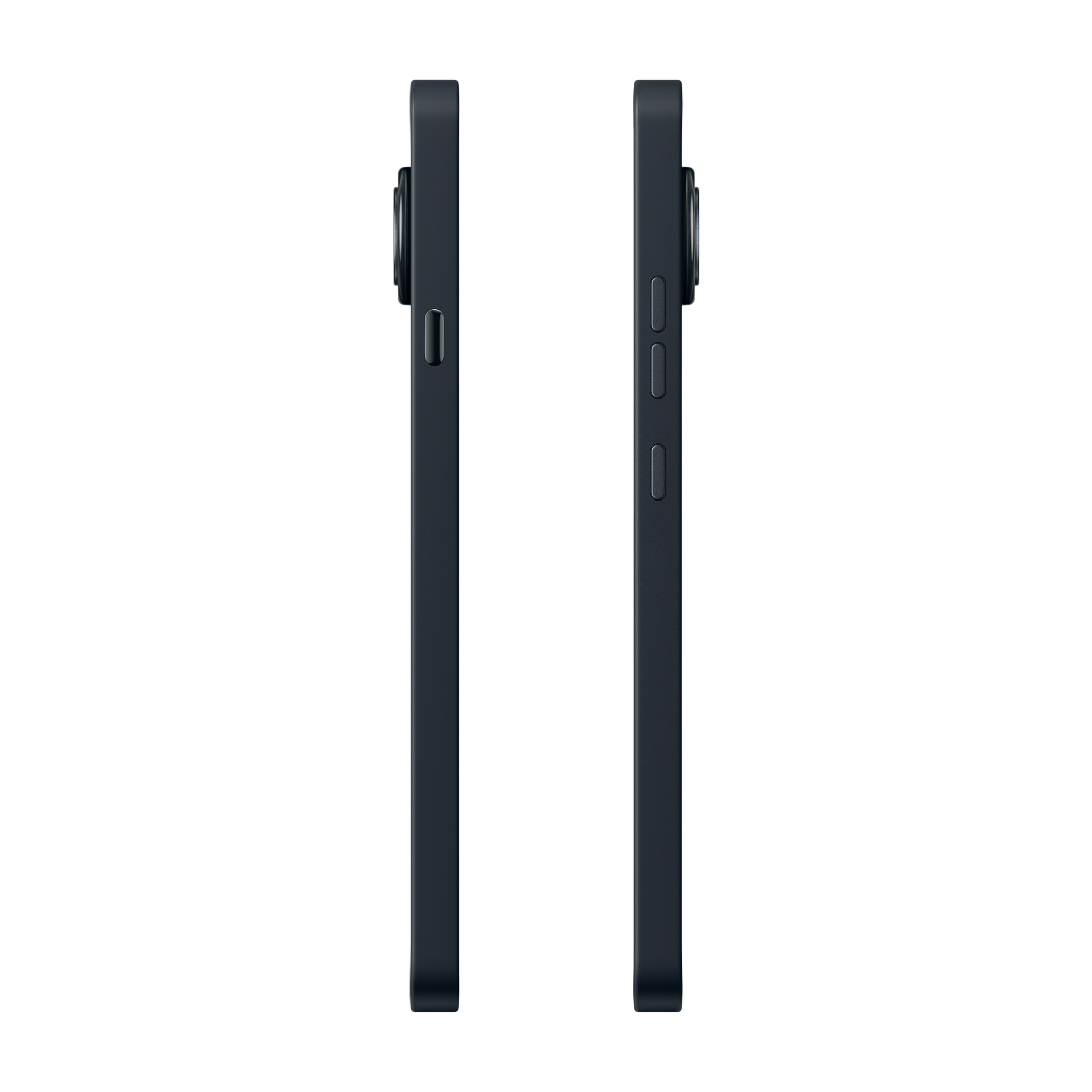 Zwei dunkle Smartphones nebeneinander, Seitenansicht mit Kameras.