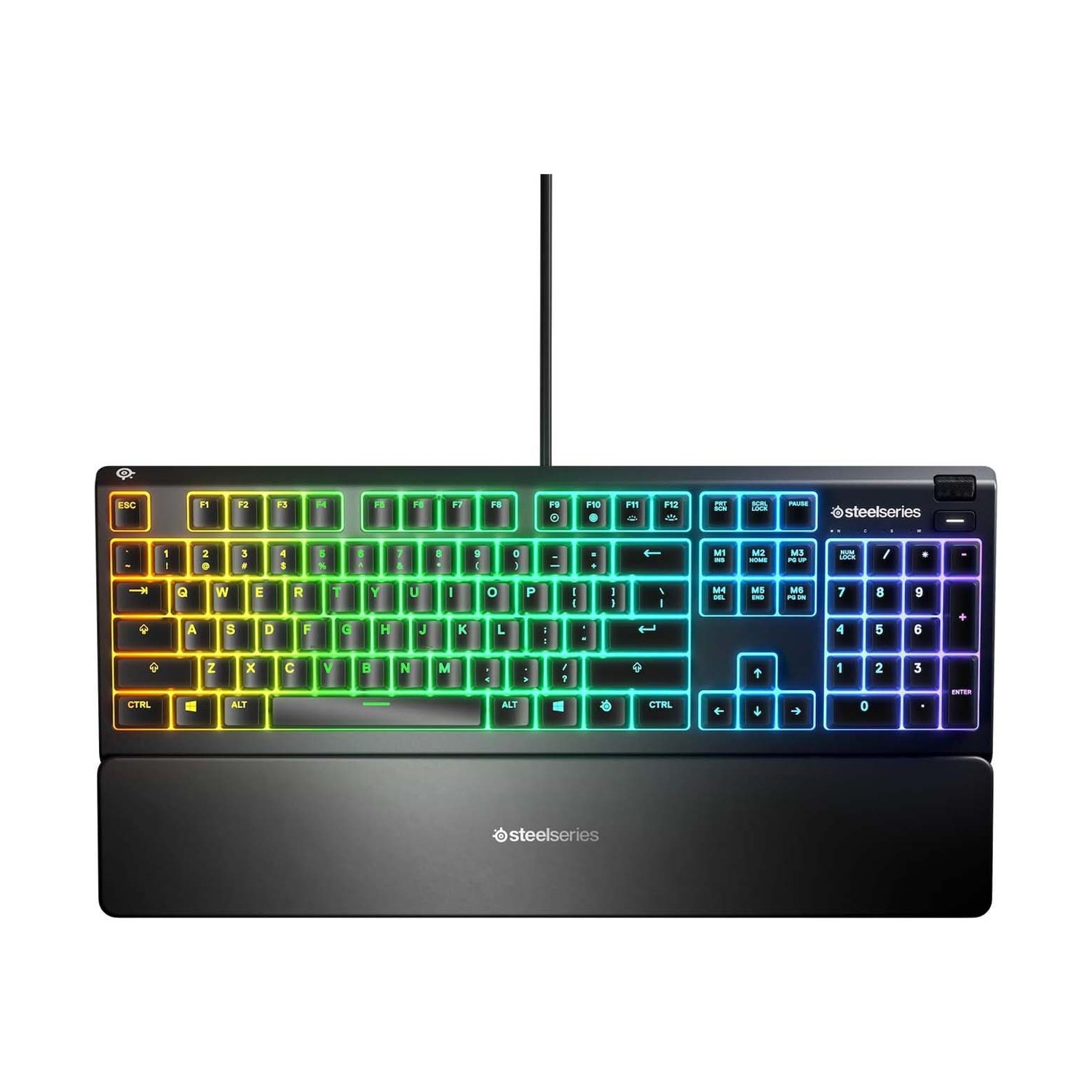 Una tastiera gaming SteelSeries con illuminazione RGB e poggiapolsi rimovibile.