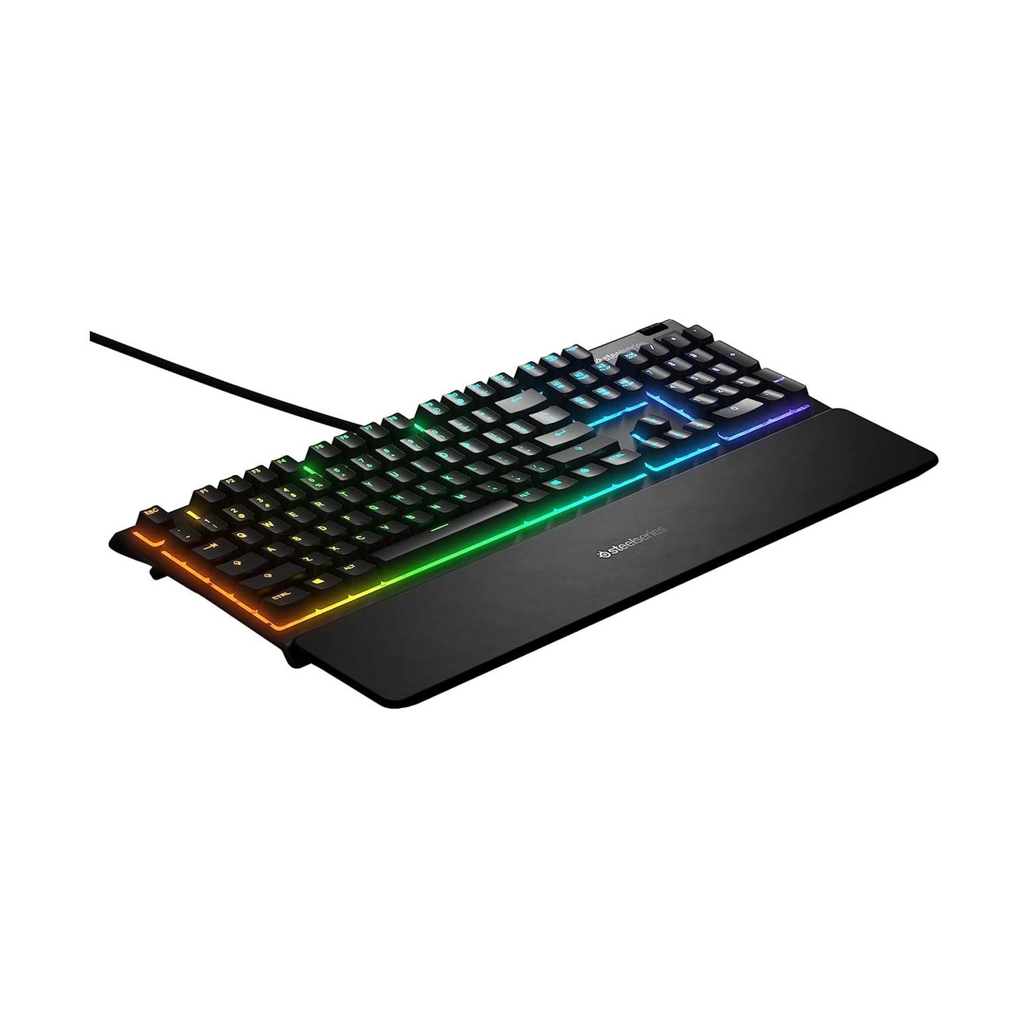 Tastiera nera con illuminazione RGB e poggiapolsi, logo Steelseries.