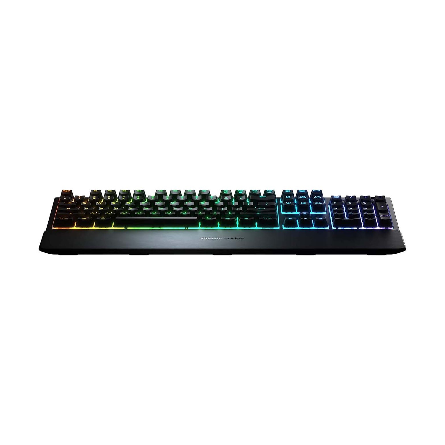 Tastiera nera con illuminazione RGB, su sfondo bianco.