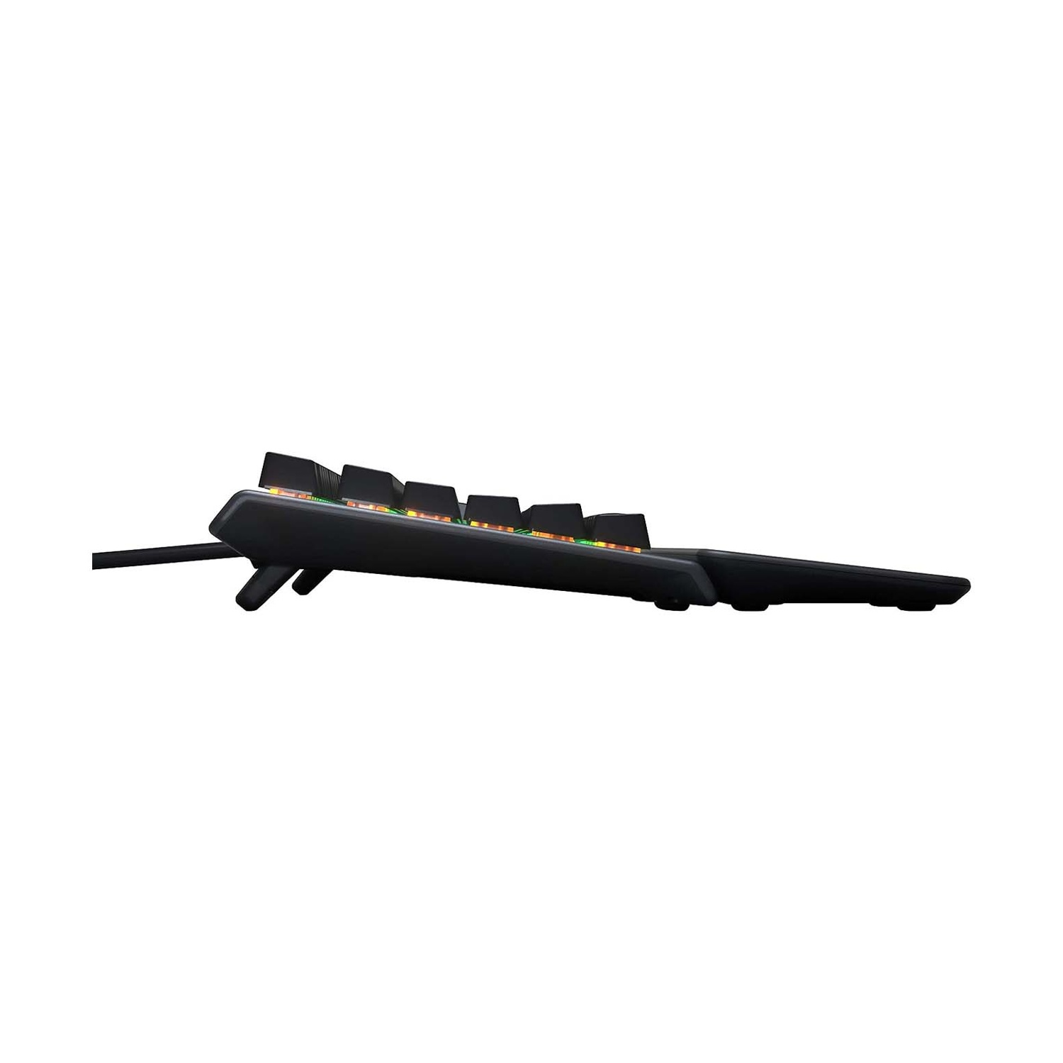 Tastiera nera con illuminazione RGB, vista di lato.