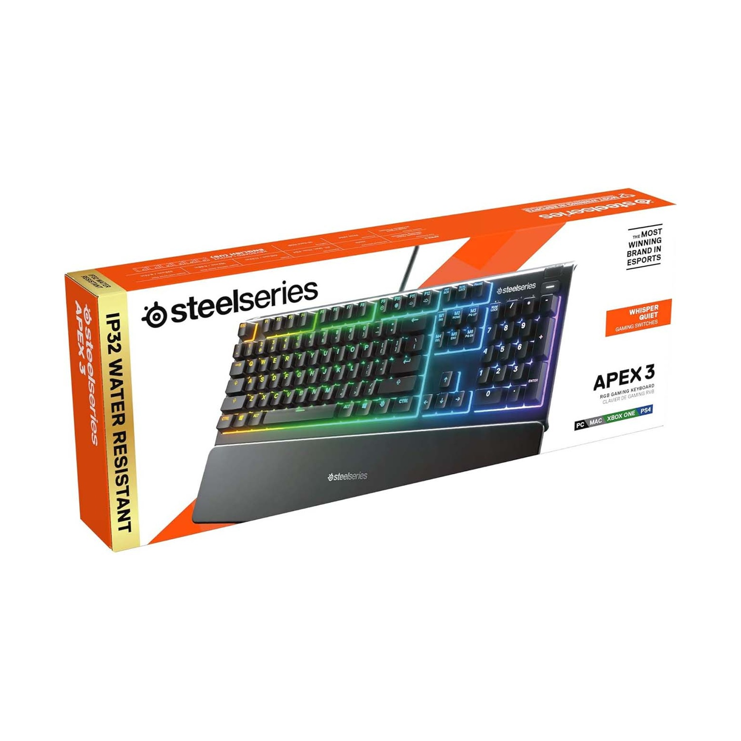 Tastiera gaming SteelSeries Apex 3 con illuminazione RGB e poggiapolsi sulla confezione.