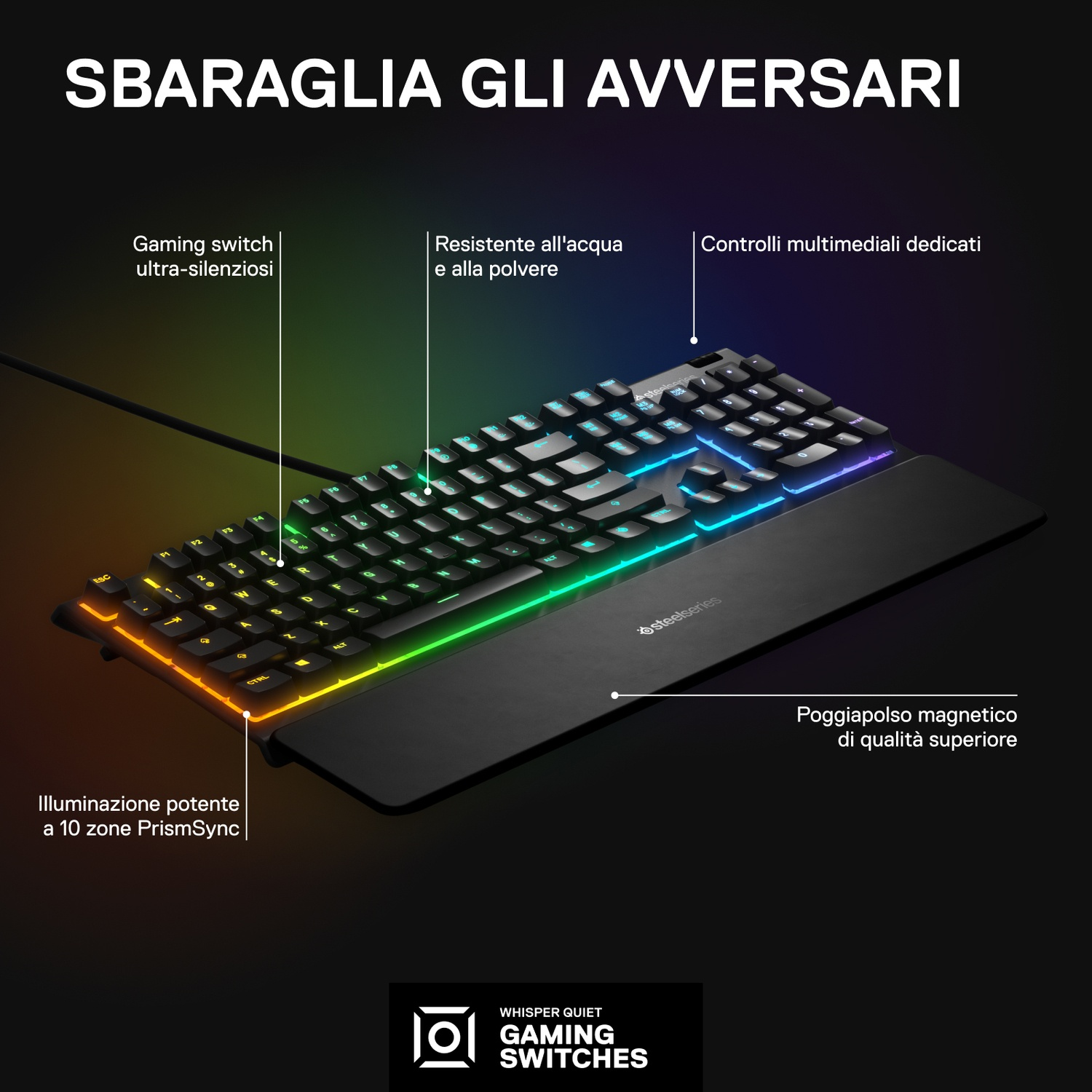 Una tastiera gaming con illuminazione RGB, poggiapolso magnetico e switch silenziosi.