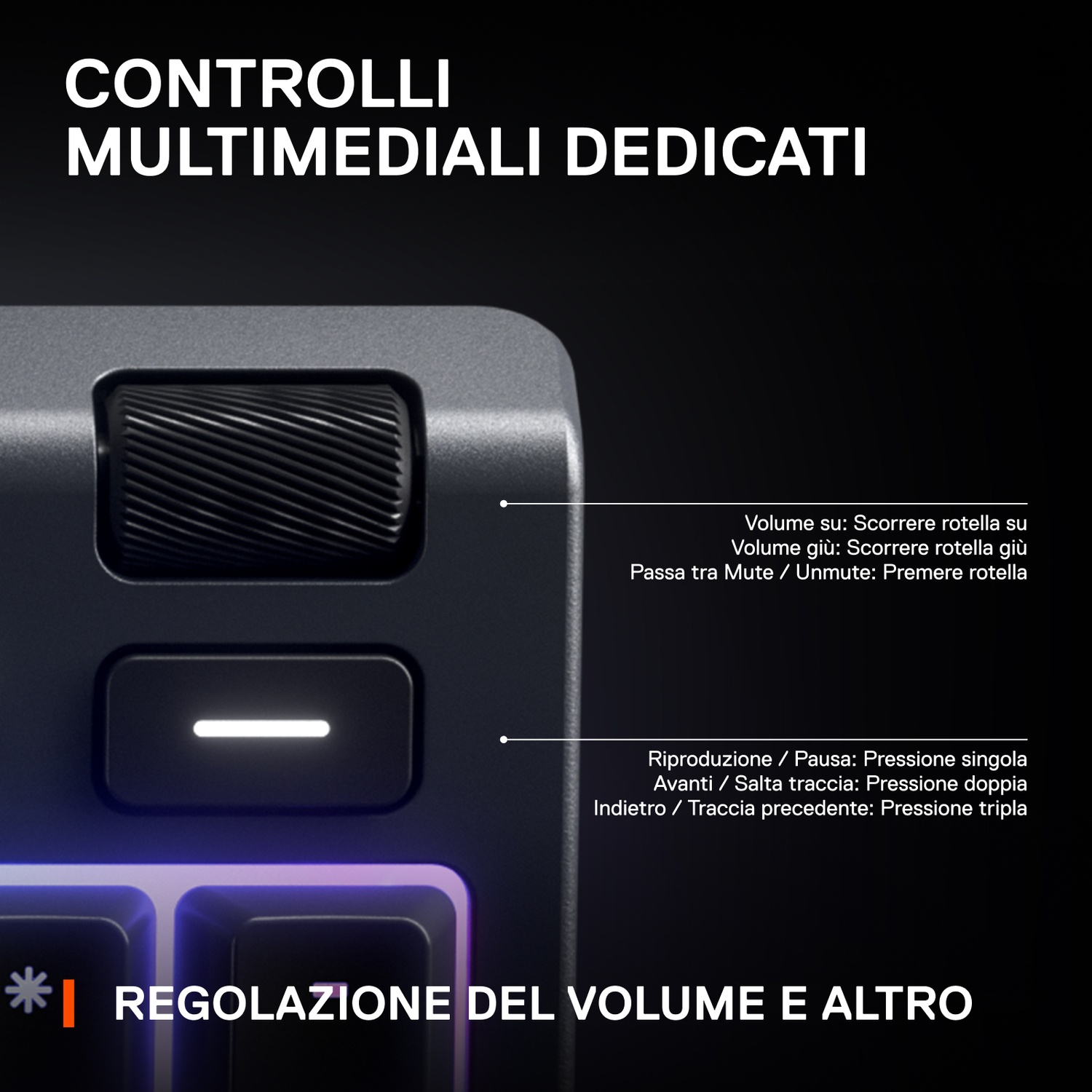 Primo piano di una tastiera con manopola volume e tasti di riproduzione.