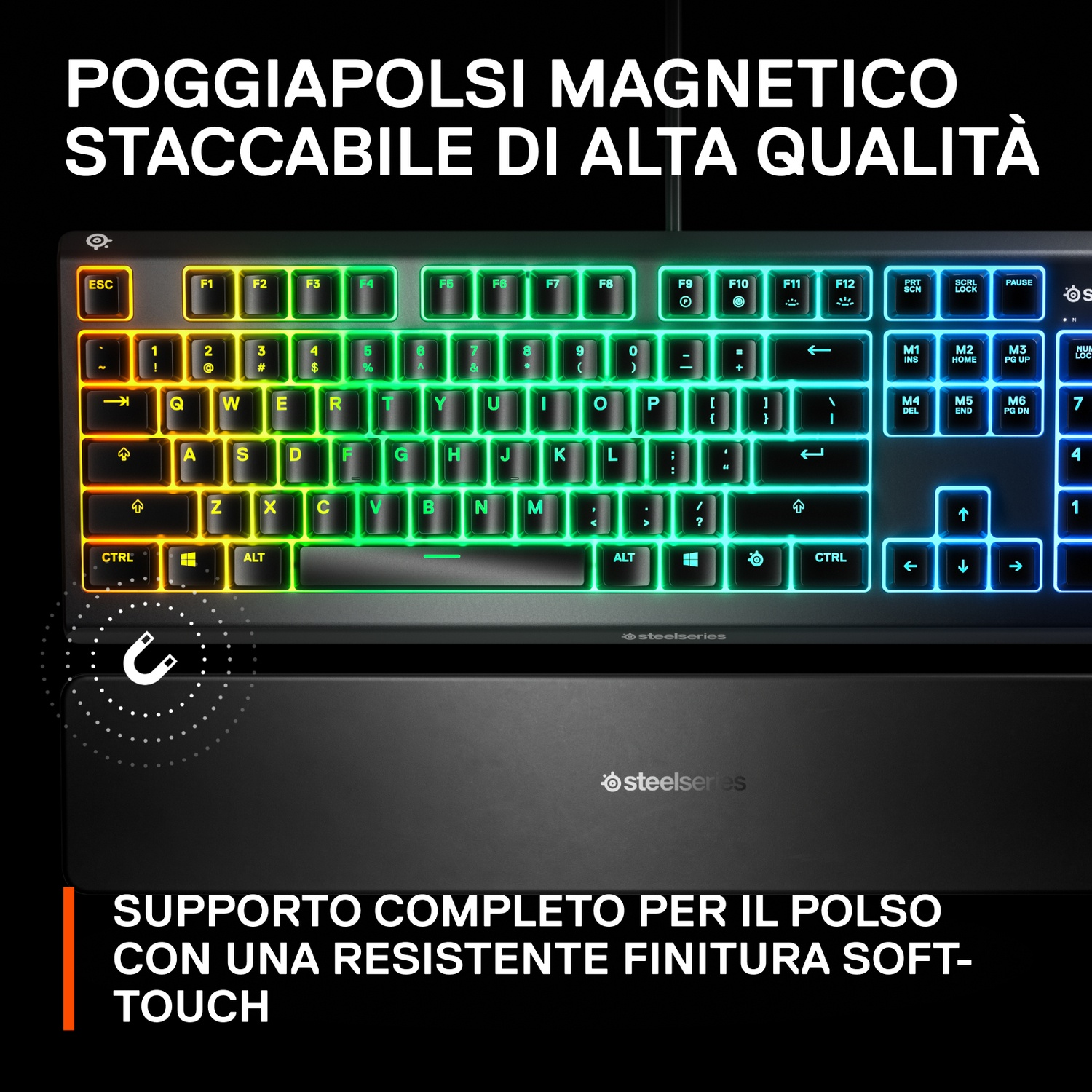 Un poggiapolso magnetico e staccabile per tastiera con illuminazione RGB.