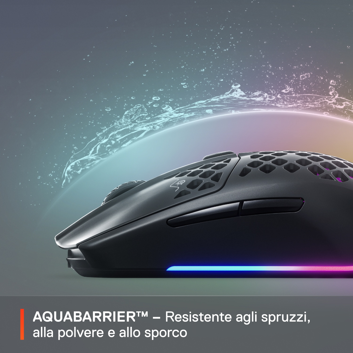 Mouse gaming nero con design resistente agli spruzzi e illuminazione RGB.