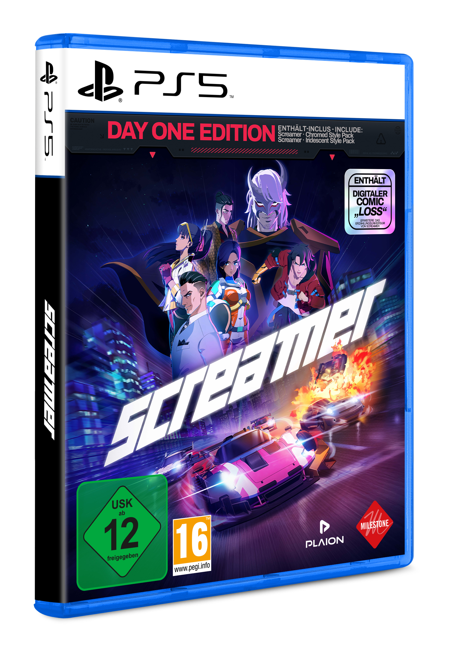 PS5 Spiel "Screamer" Day One Edition mit Charakteren, Autos und Stadt.