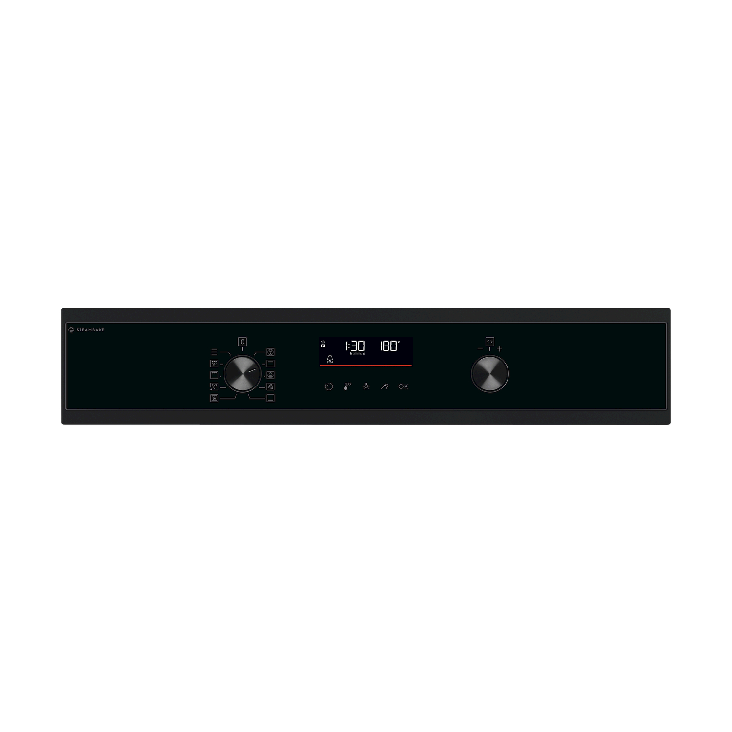 Pannello di controllo nero con touchscreen, due manopole e icone per le funzioni del forno.