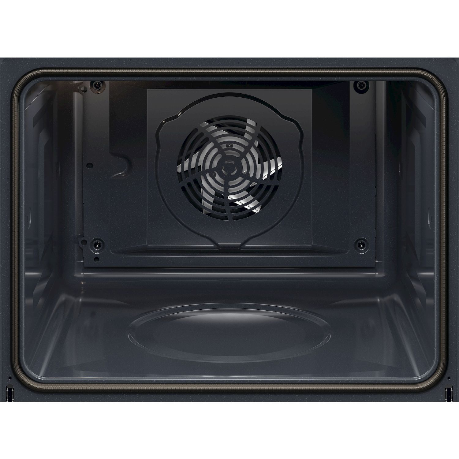 Vista interna di un forno con ventola sul retro e supporto elemento riscaldante.