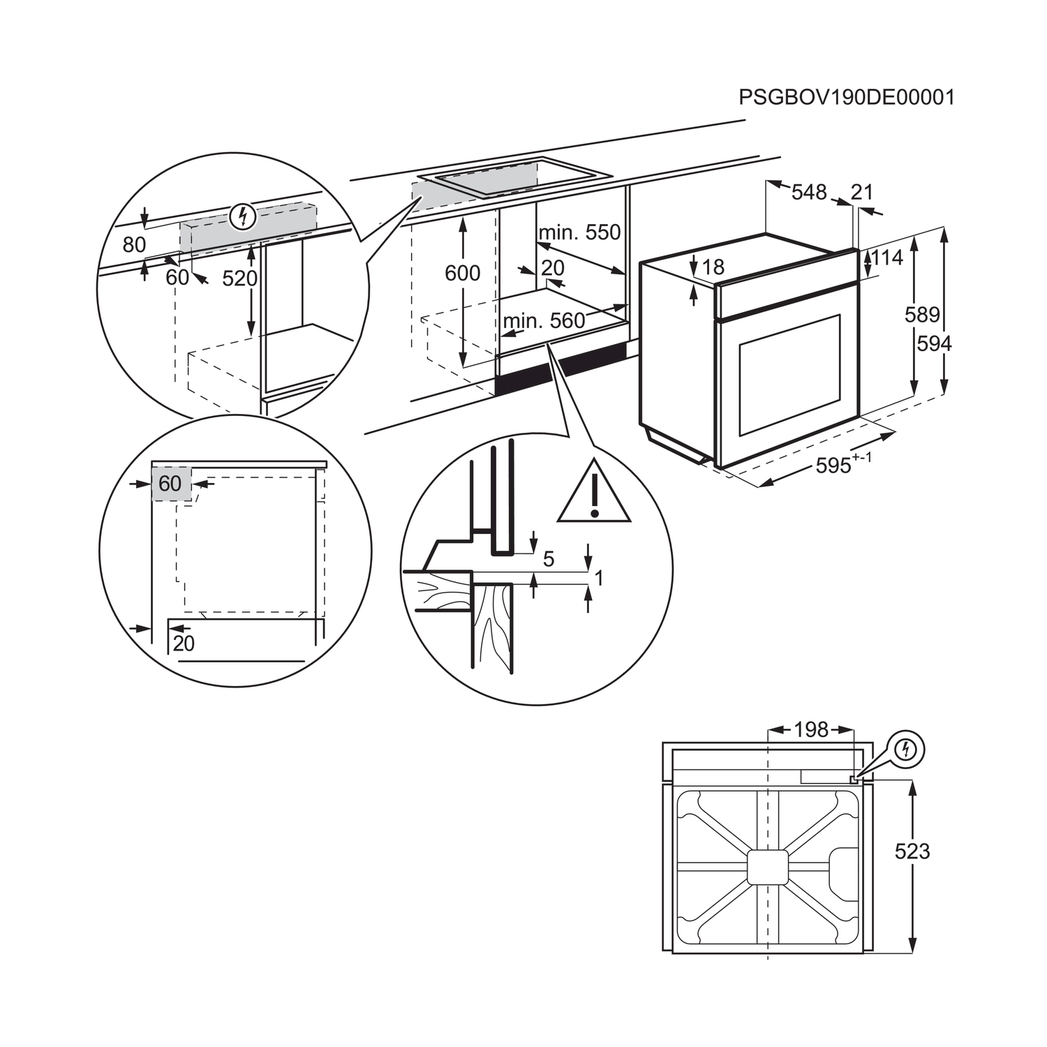 Disegno tecnico di un forno da incasso con dimensioni e dettagli di installazione.