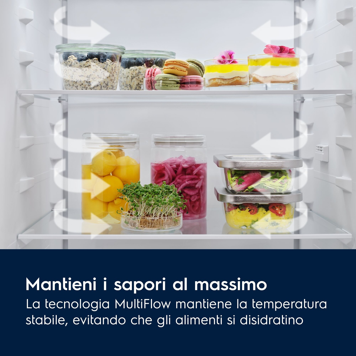 Scaffali del frigorifero con cibo e frecce di flusso d'aria.