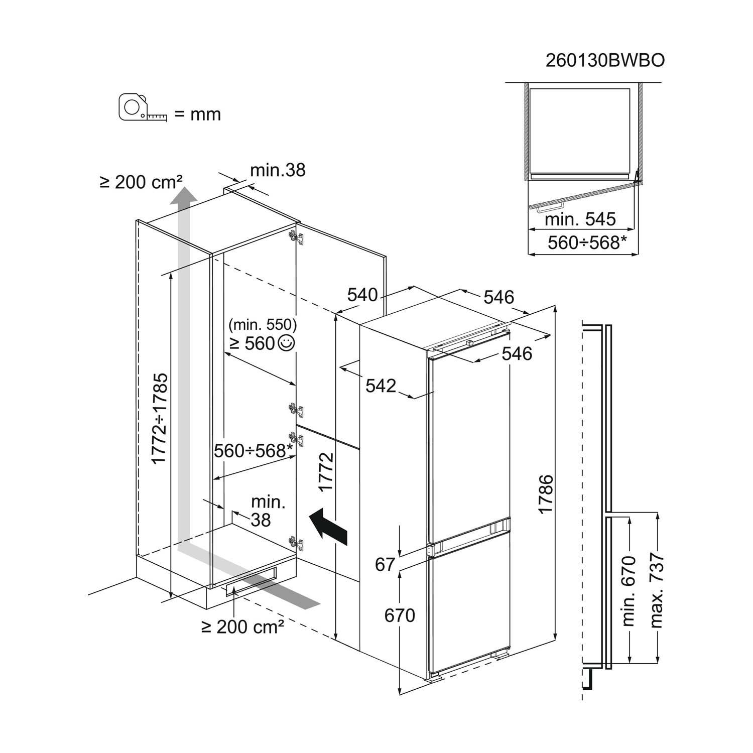 Disegno tecnico di un frigorifero con dimensioni e dettagli di installazione.