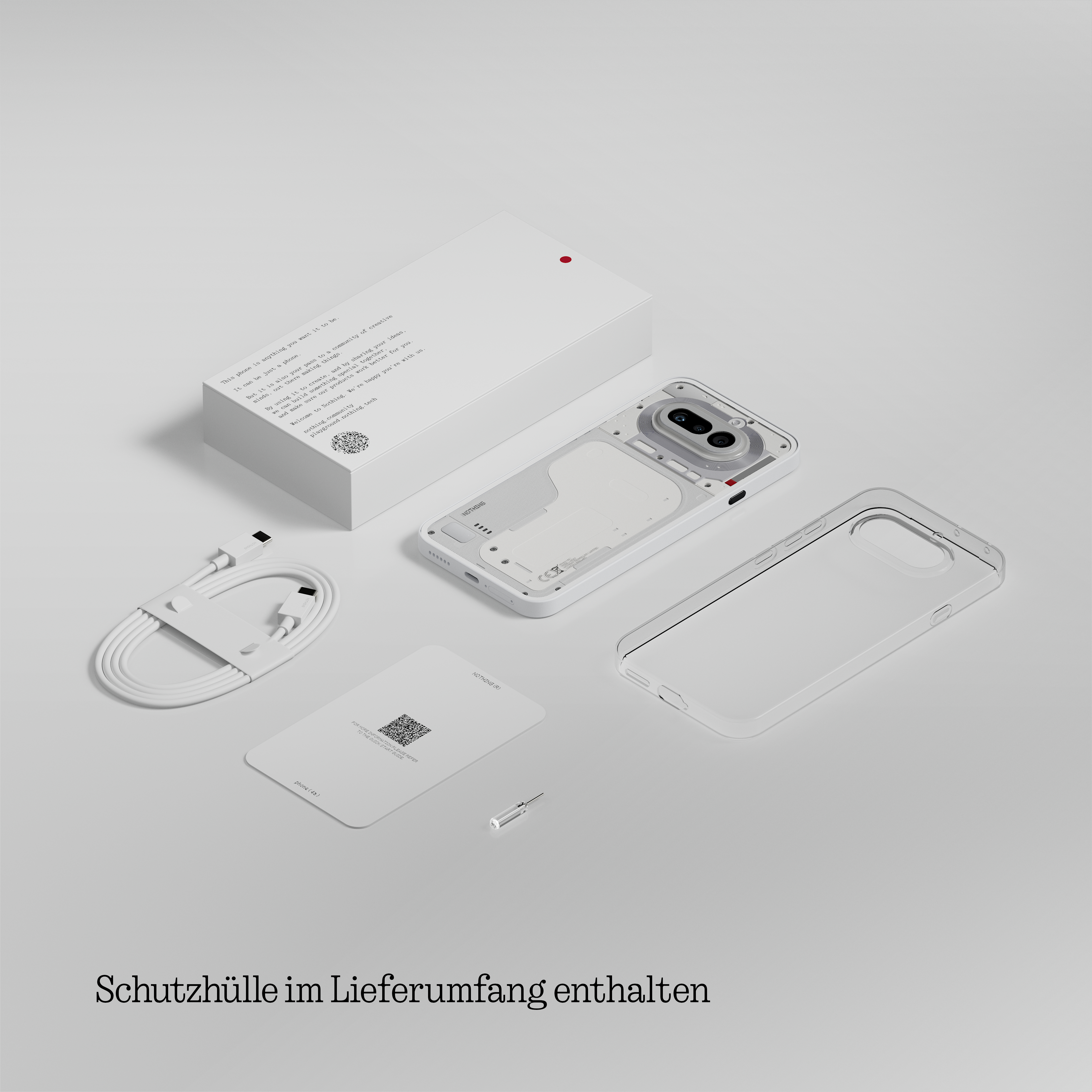 Ein Smartphone, Ladekabel, Hülle, Anleitung und SIM-Werkzeug auf grauem Untergrund.