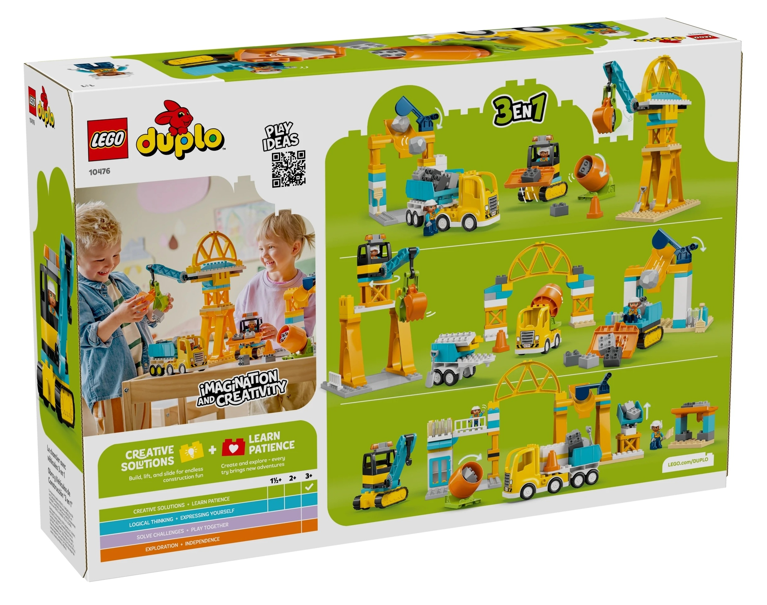 Zestaw LEGO Duplo z dźwigami, ciężarówkami i koparkami w różnych konfiguracjach budowlanych.