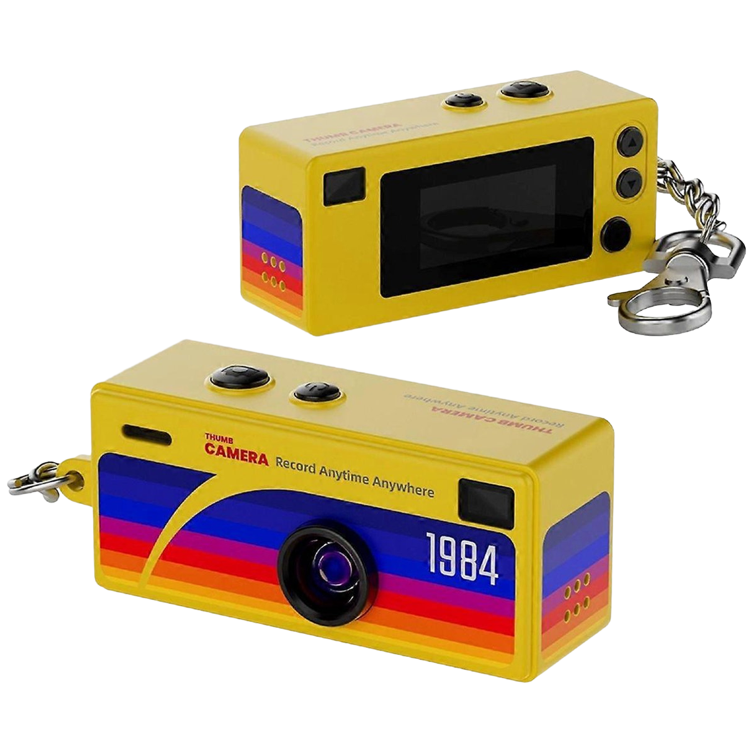 Twee gele mini-camera's met retro-strepen en het jaartal 1984.