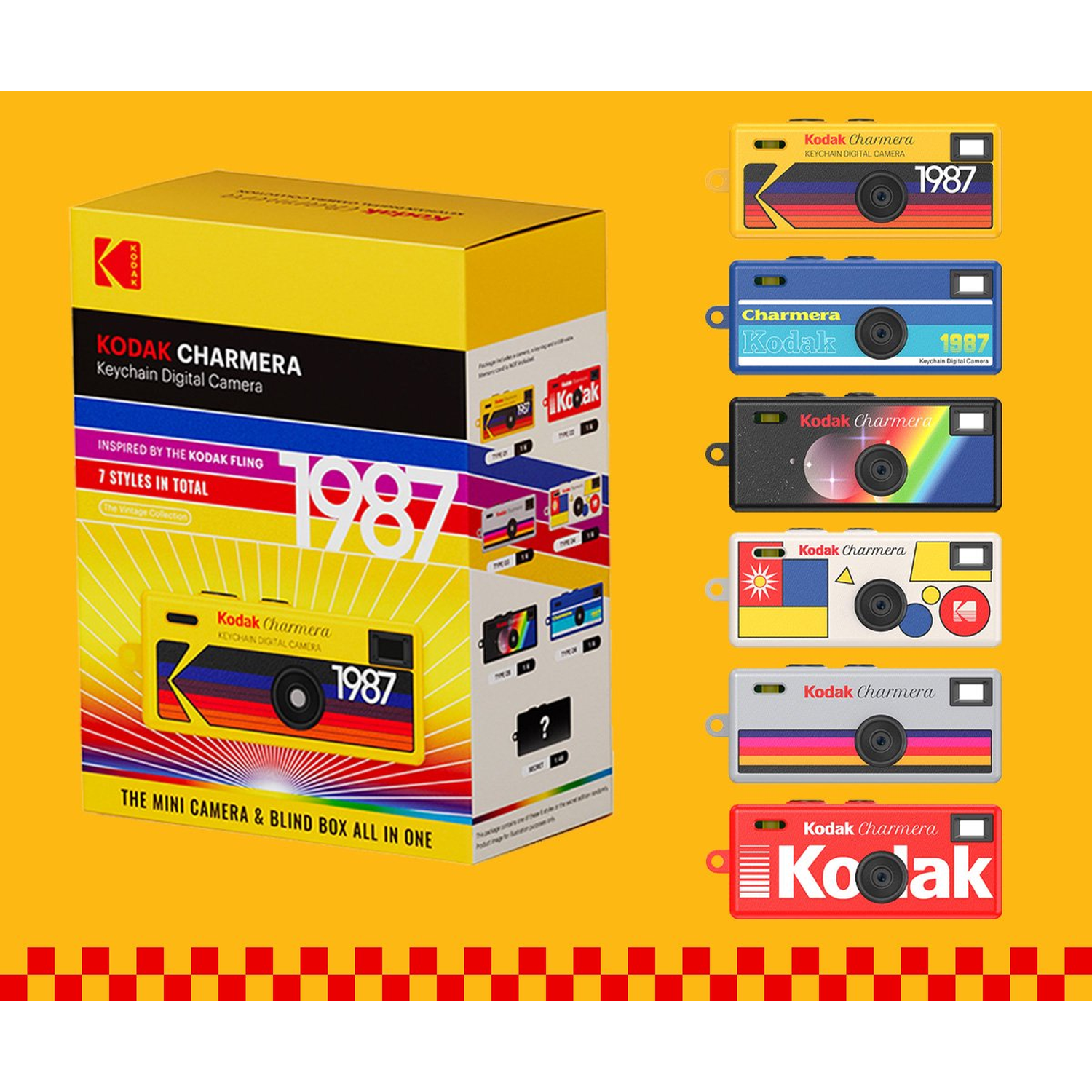 Kodak Charmers: Doos en zeven camera's in diverse kleuren en ontwerpen.