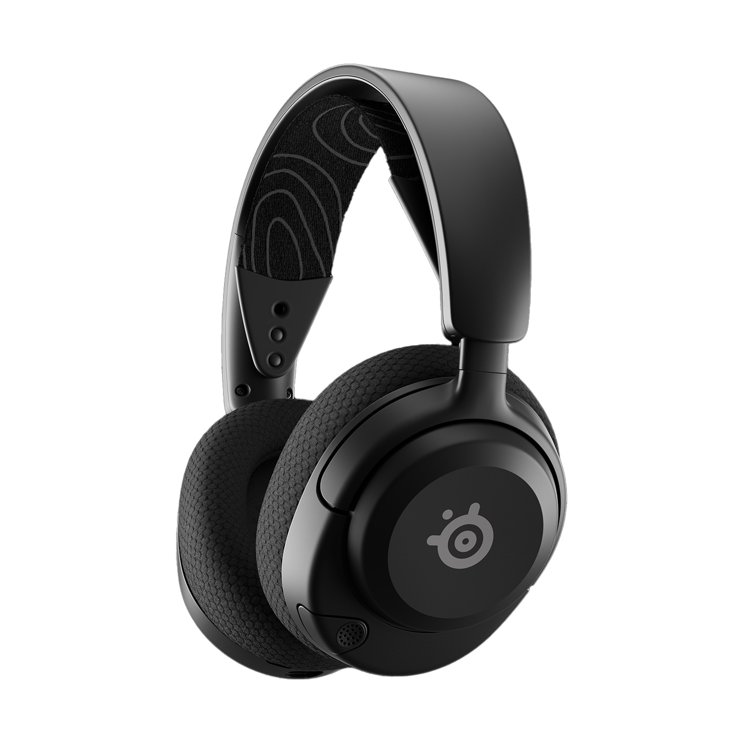 Cuffie nere con logo Steelseries su un orecchio. Sfondo bianco.