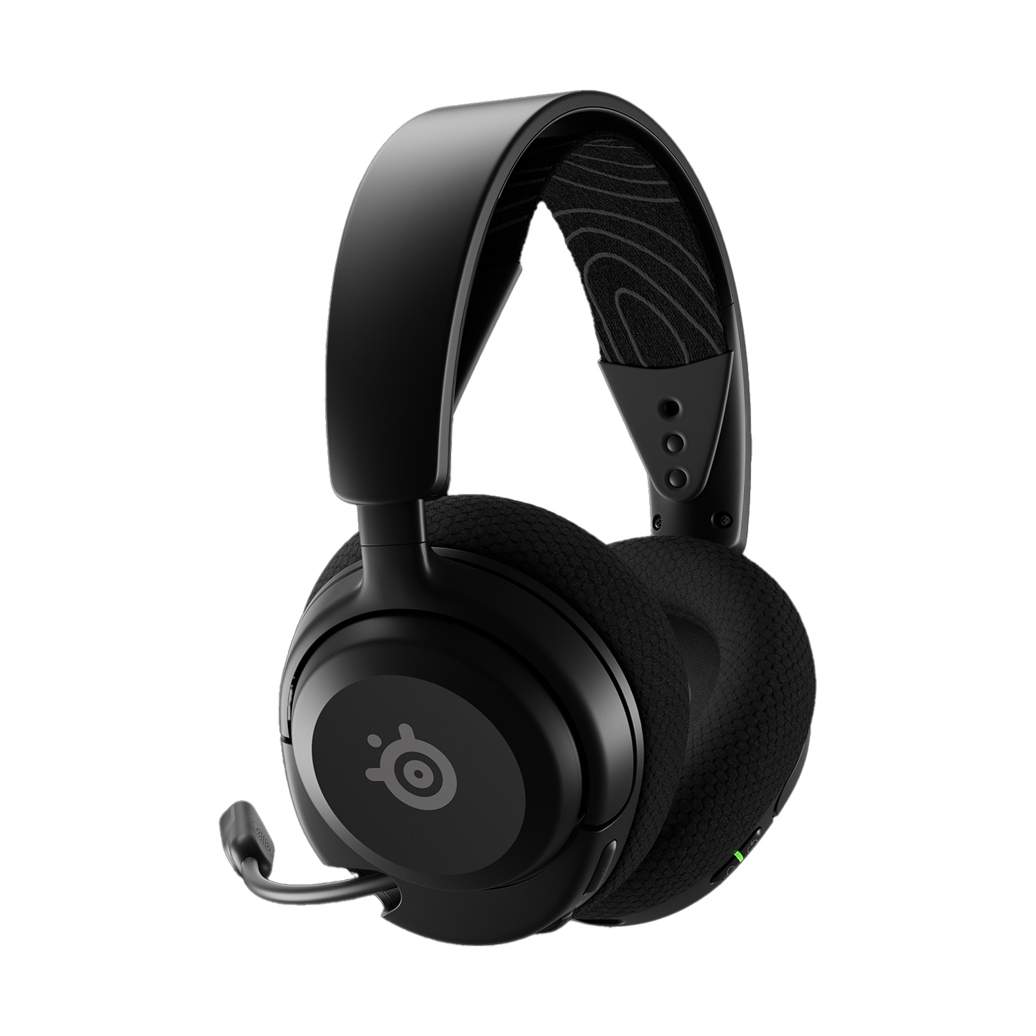 Cuffie da gaming nere con microfono e padiglioni imbottiti.