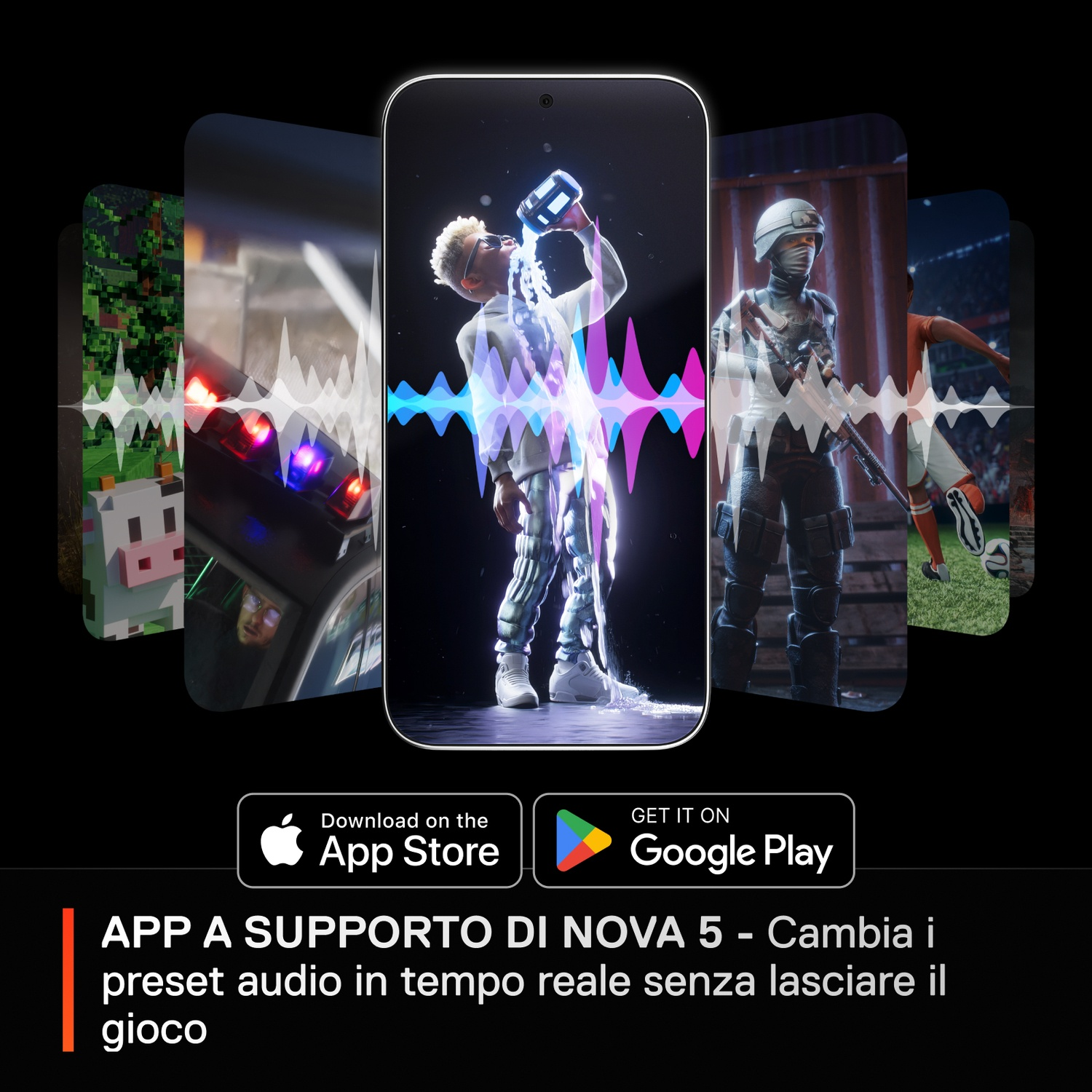 Smartphone mostra giochi, app e forme d'onda audio. Loghi App Store e Google Play.