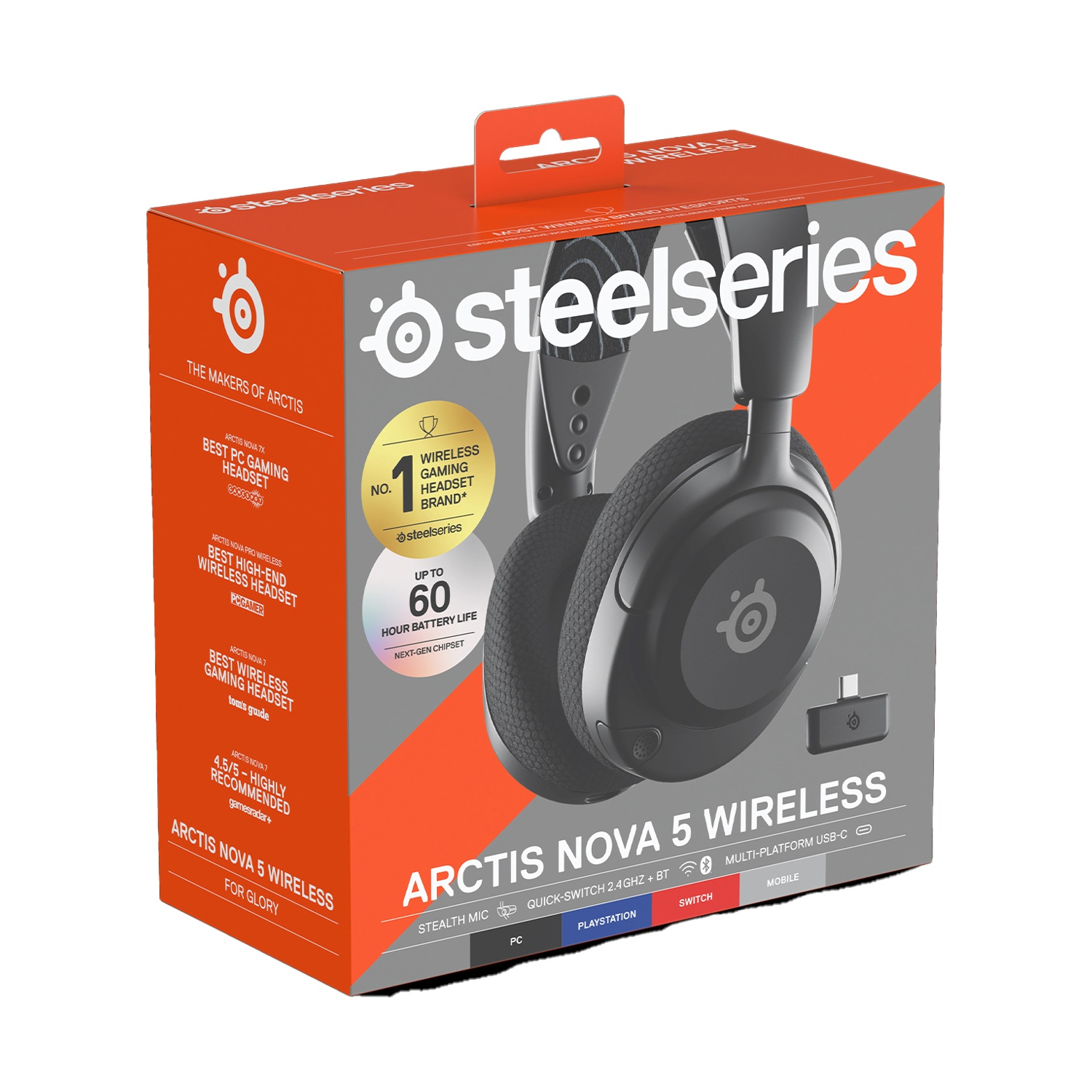 Scatola per cuffie da gaming wireless Steelseries Arctis Nova 5 con cuffie e dongle.