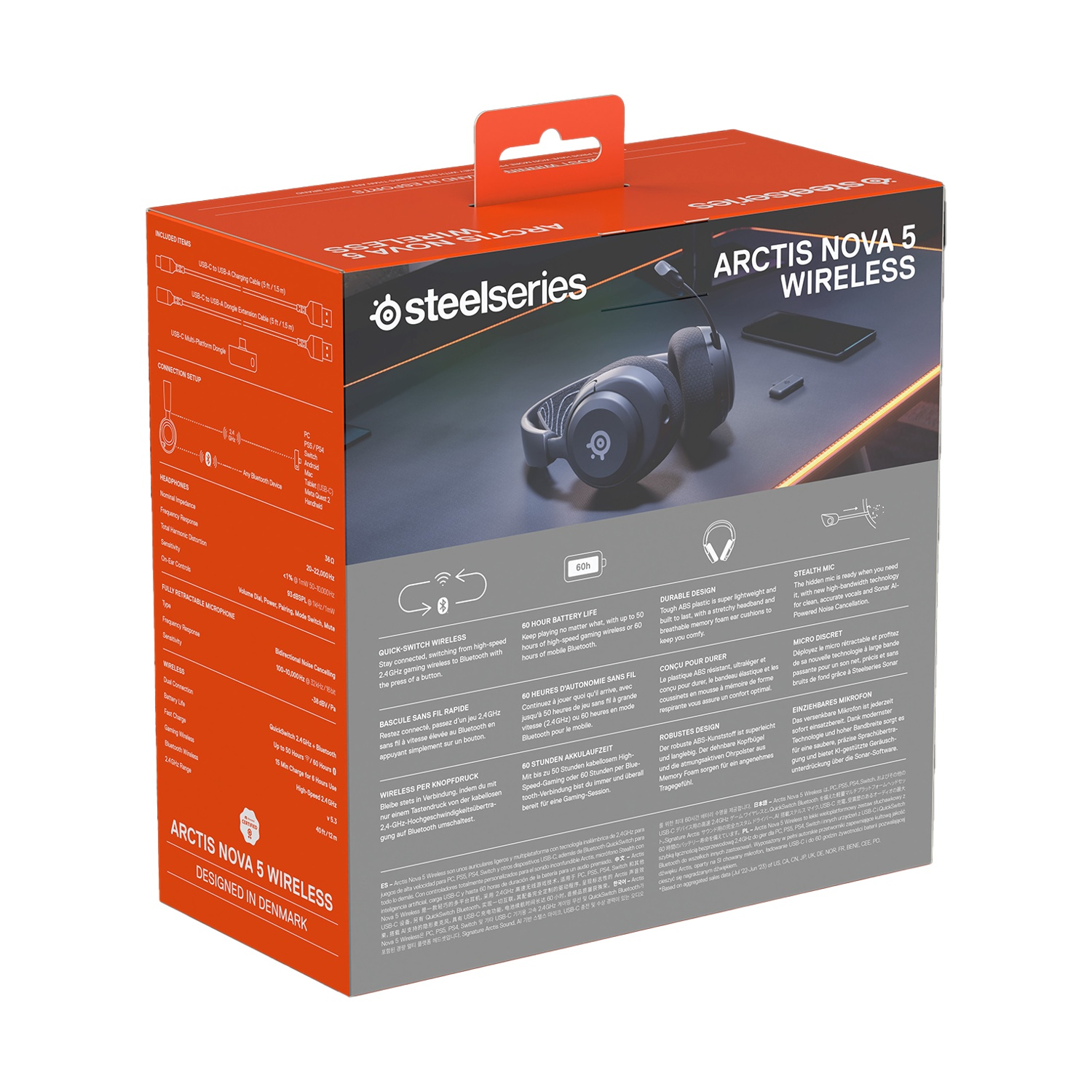 Confezione delle cuffie SteelSeries Arctis Nova 5 Wireless, con dettagli tecnici.
