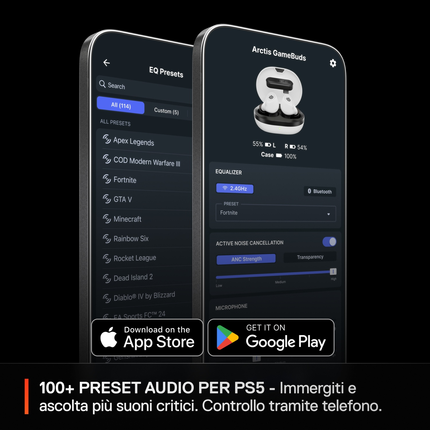 Due smartphone mostrano un'app con impostazioni audio di gioco, auricolari e preset EQ.