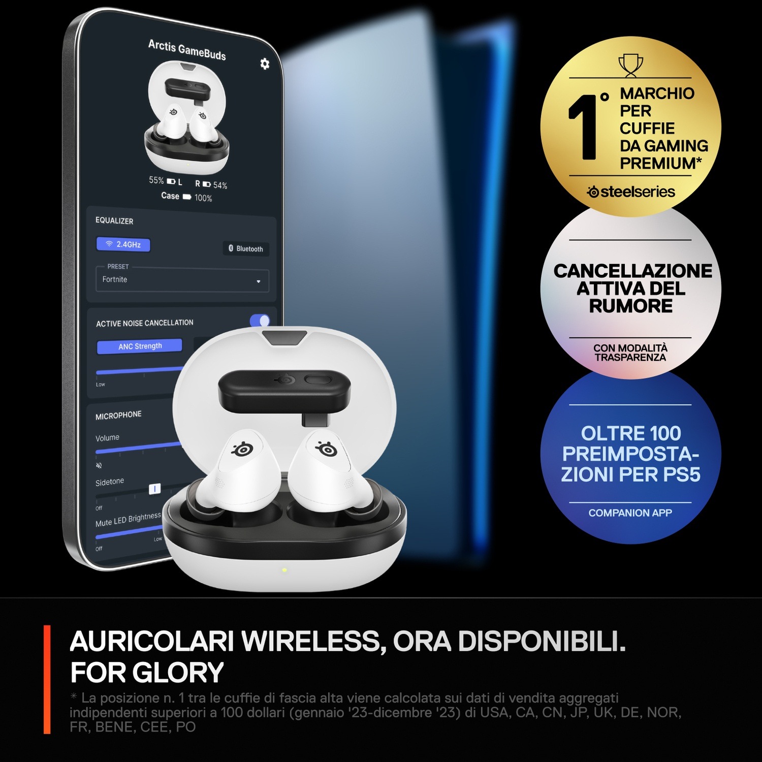 App Arctis GameBuds mostra auricolari, ANC, equalizzatore. Cerchio oro: n.1 cuffie gaming premium.