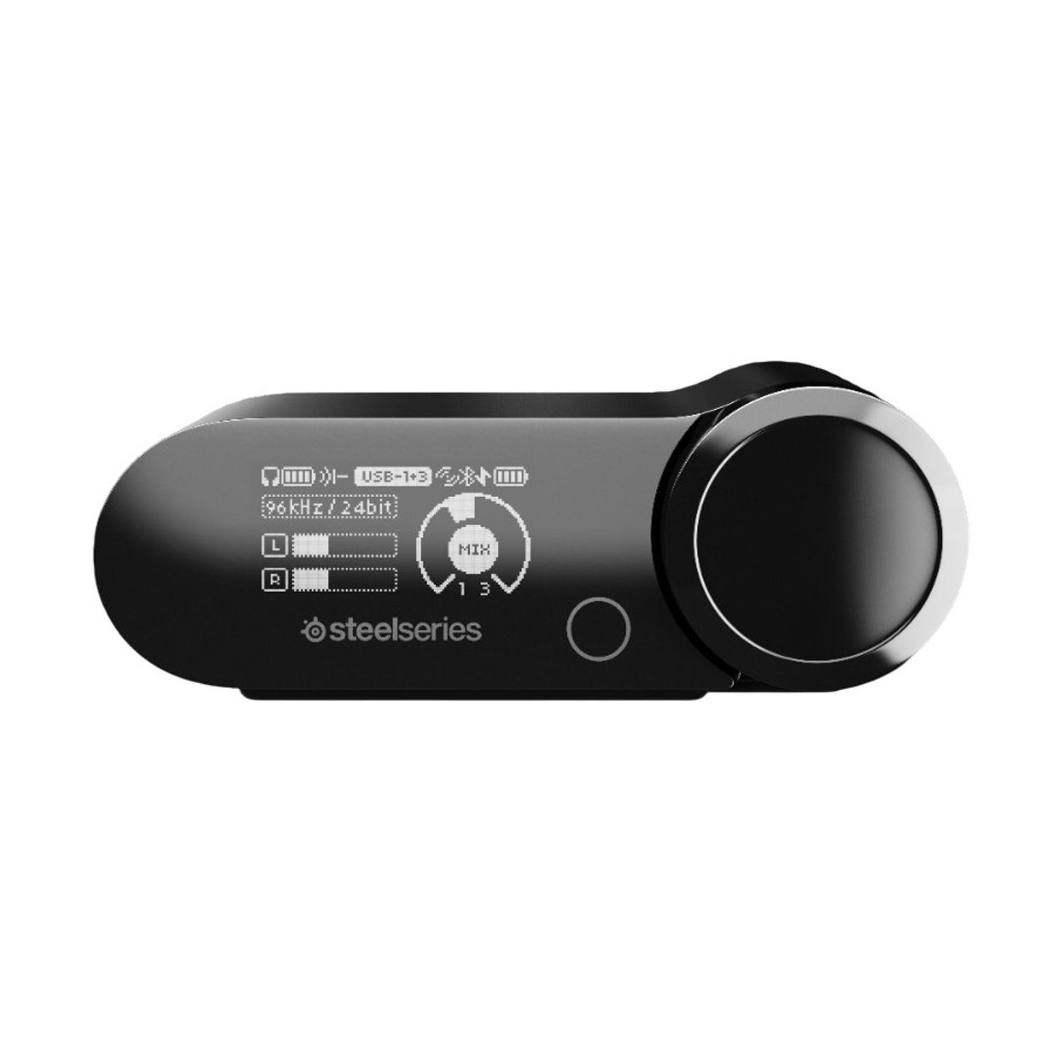Interfaccia audio SteelSeries nera con manopola e display.