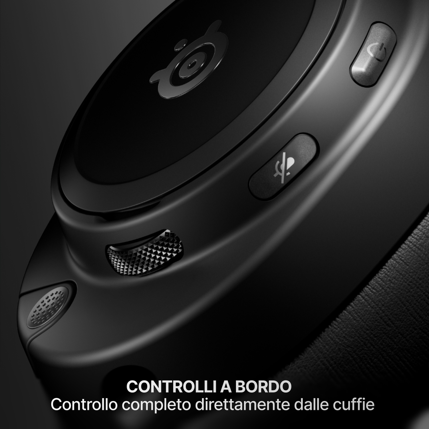 Primo piano dei controlli delle cuffie nere, con pulsanti microfono e accensione.