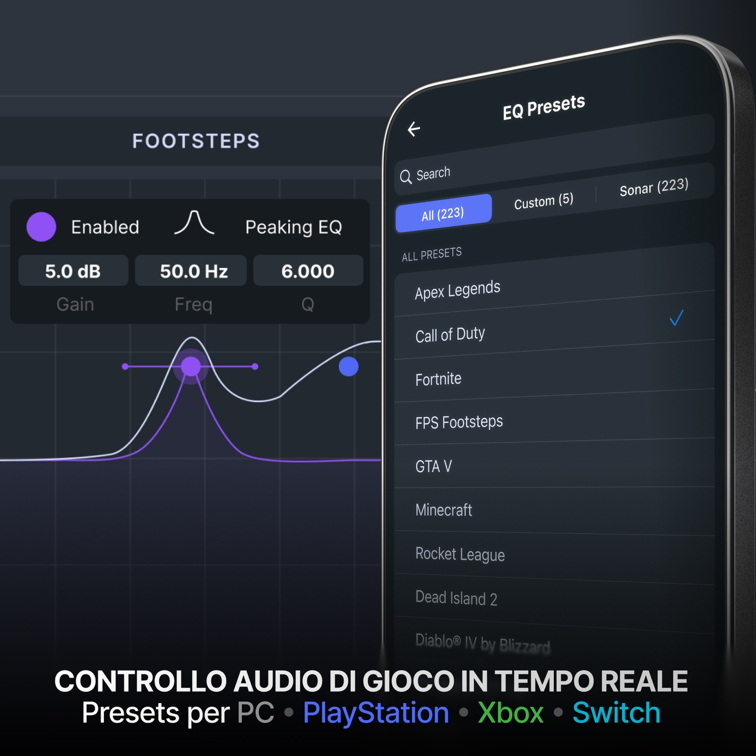 Preimpostazioni EQ per giochi con grafico audio e elenco giochi.
