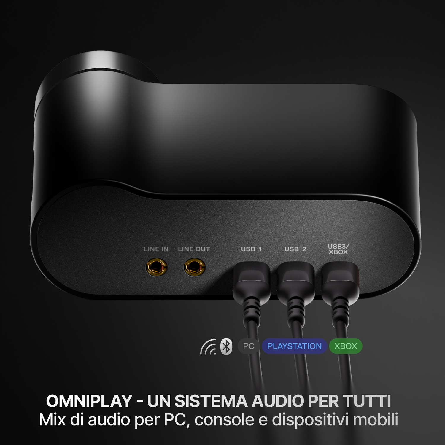 Dispositivo audio nero con connessioni per PC, PlayStation e Xbox.