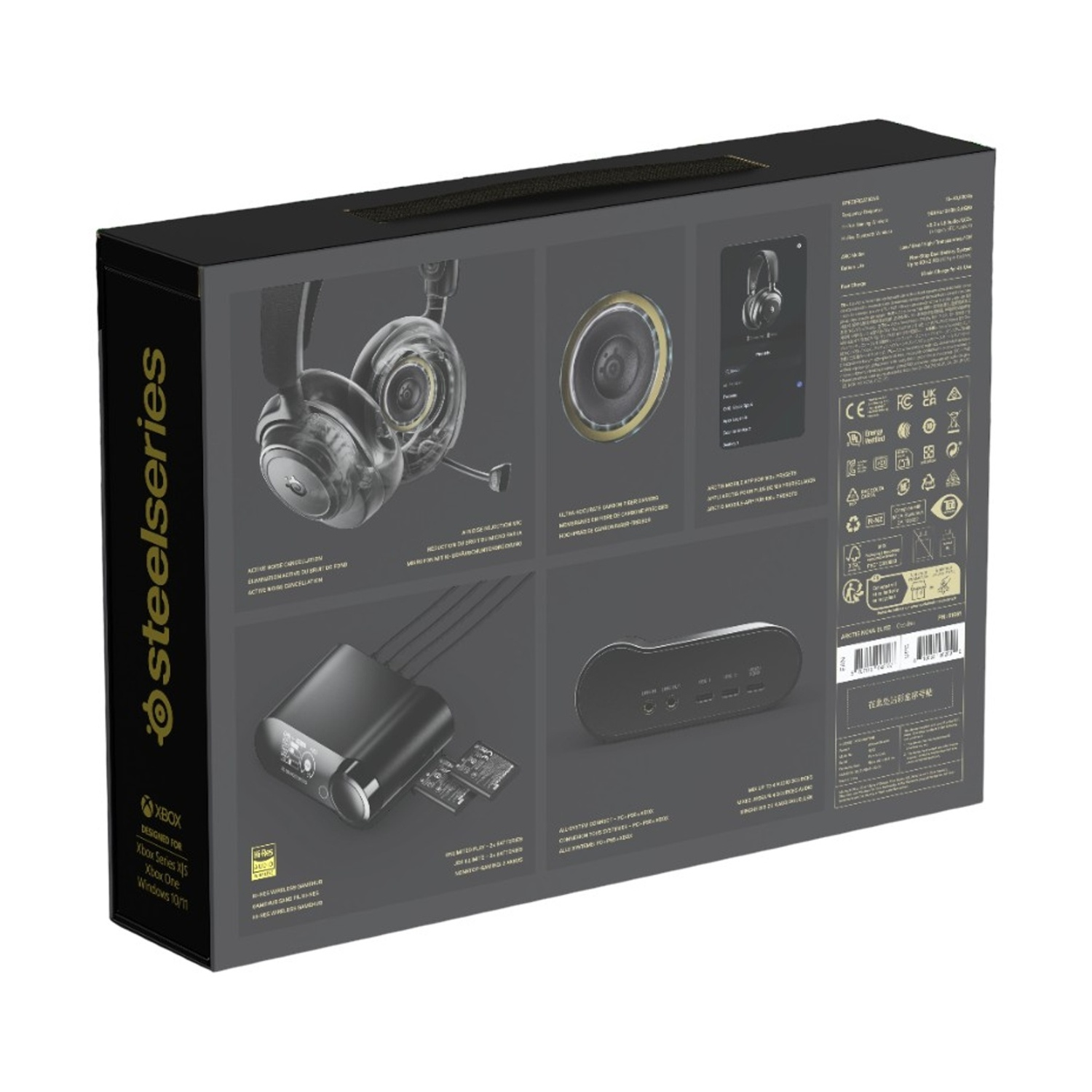 Retro scatola Steelseries con cuffie, altoparlante e accessori.